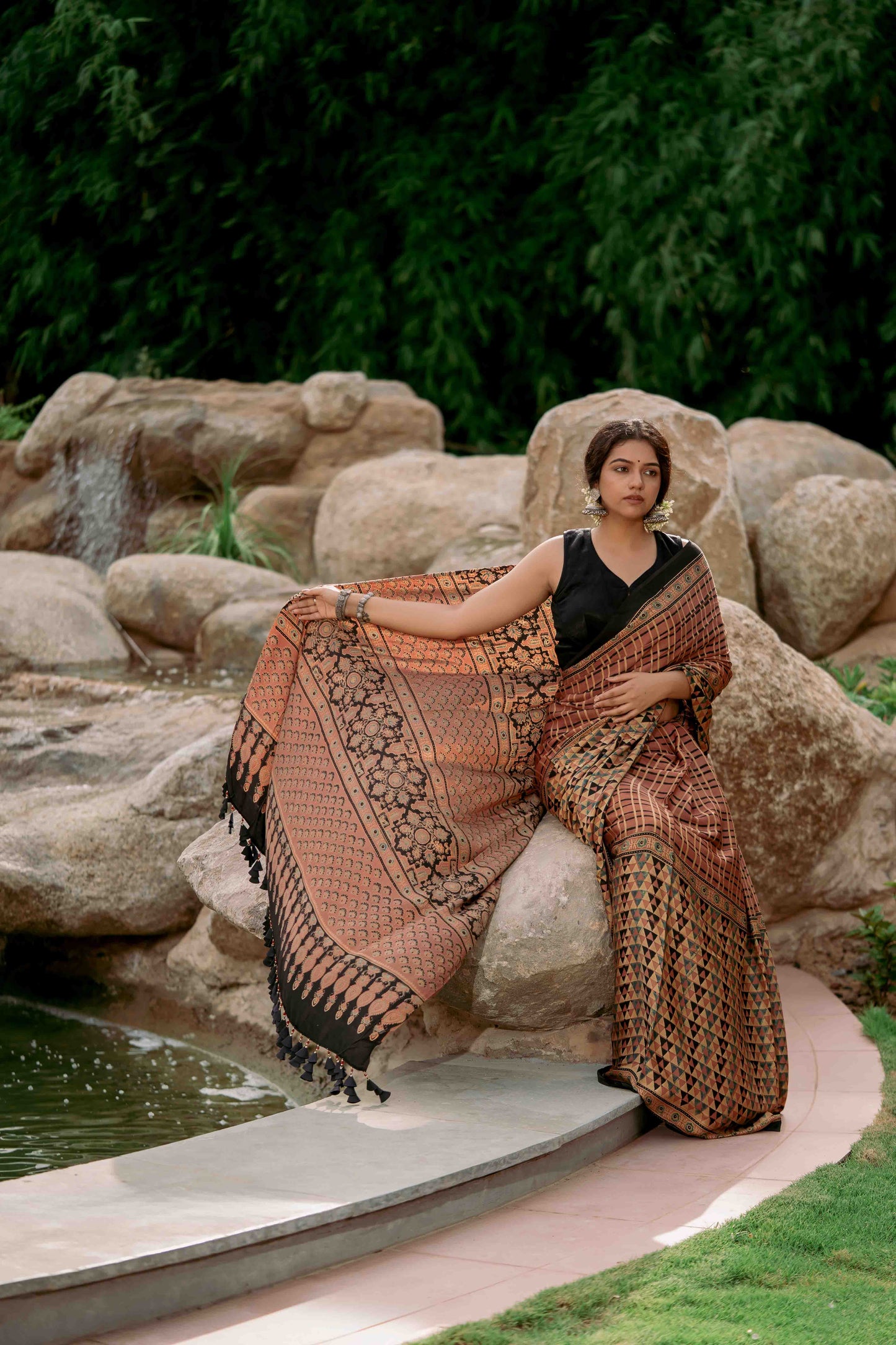 Ajrakh All Over Floral Modal Saree With Tassels