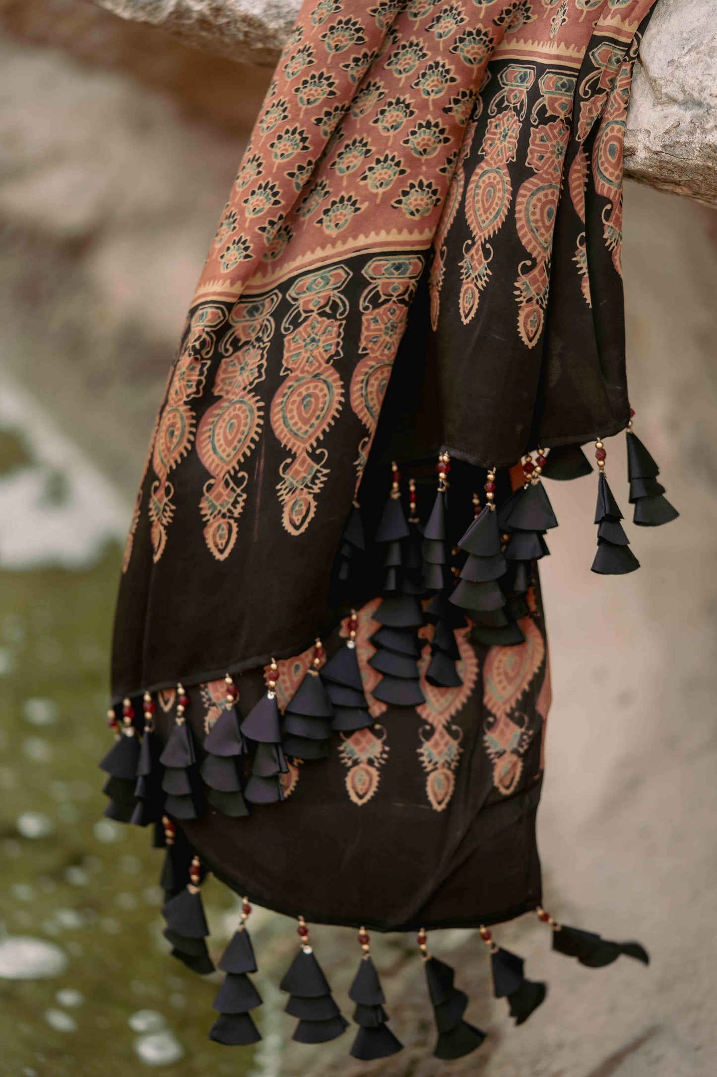 Ajrakh All Over Floral Modal Saree With Tassels