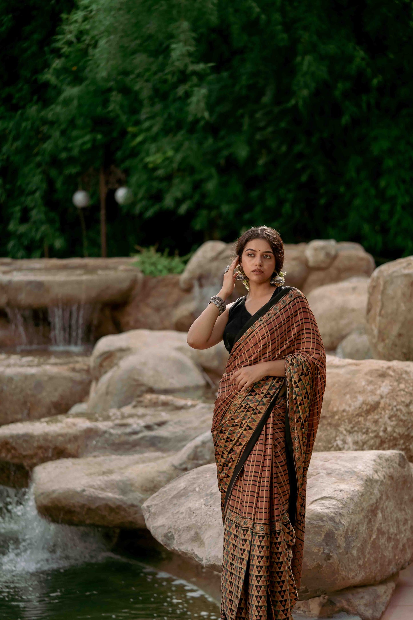 Ajrakh All Over Floral Modal Saree With Tassels