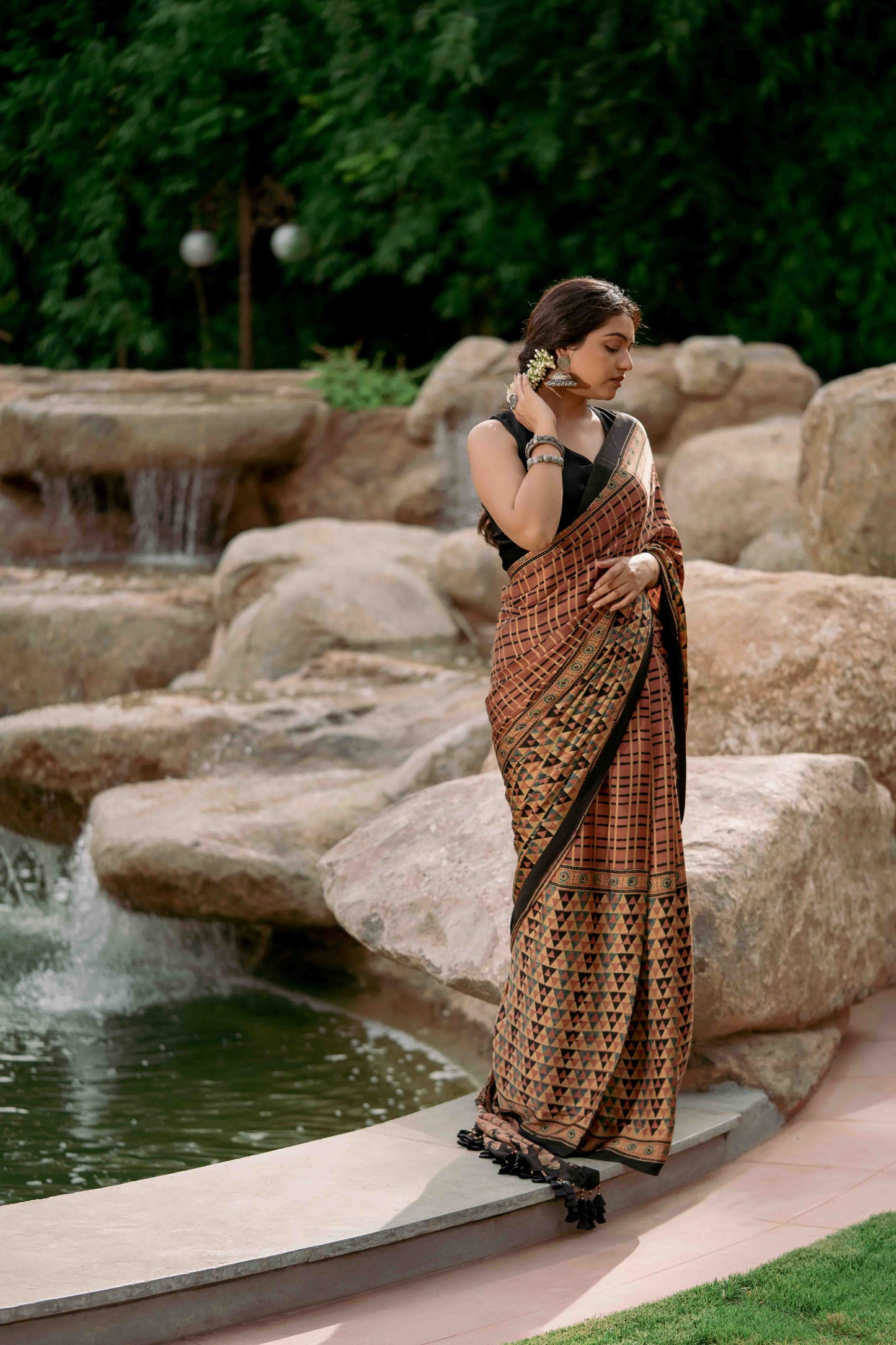 Ajrakh All Over Floral Modal Saree With Tassels