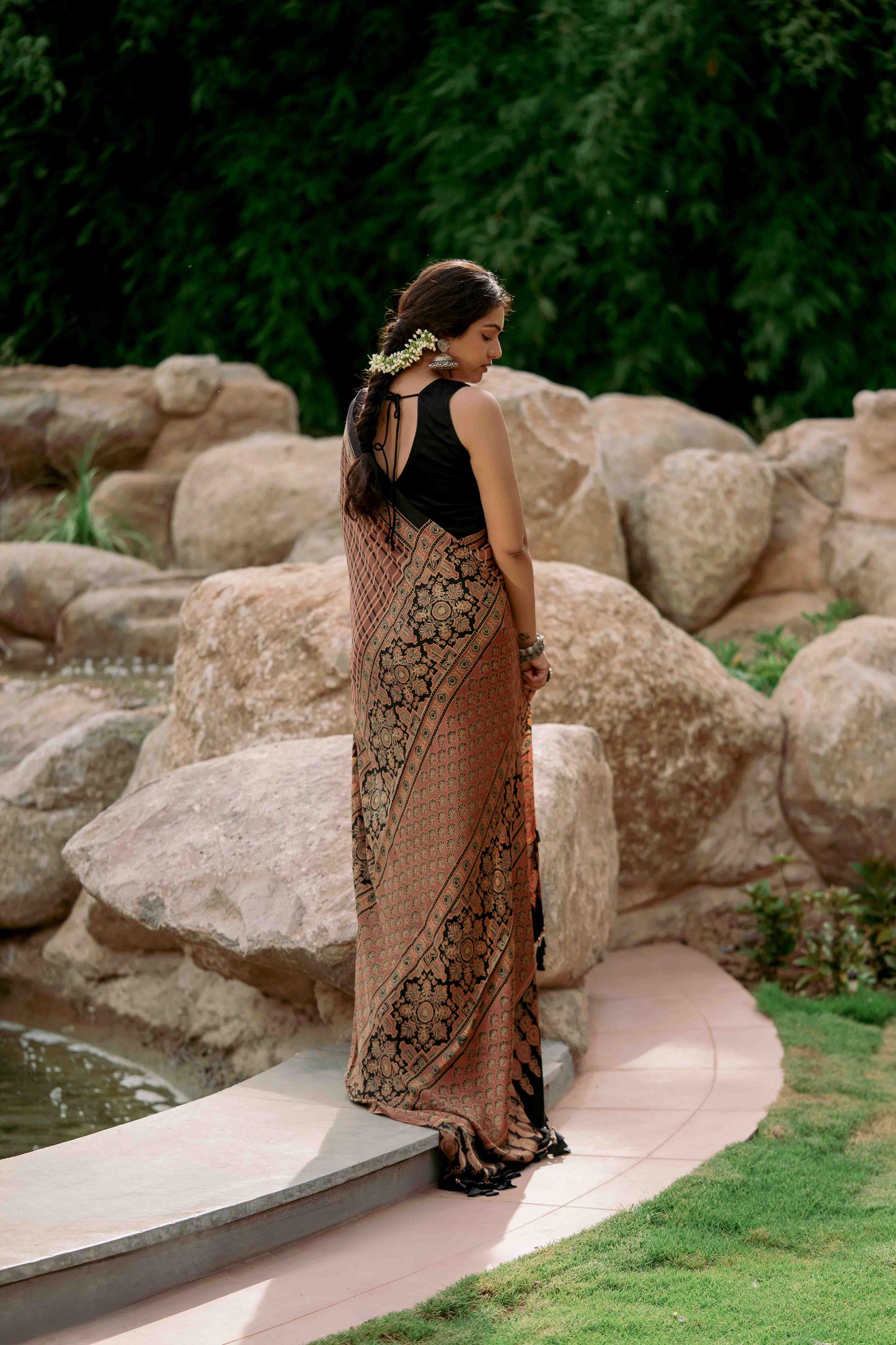 Ajrakh All Over Floral Modal Saree With Tassels