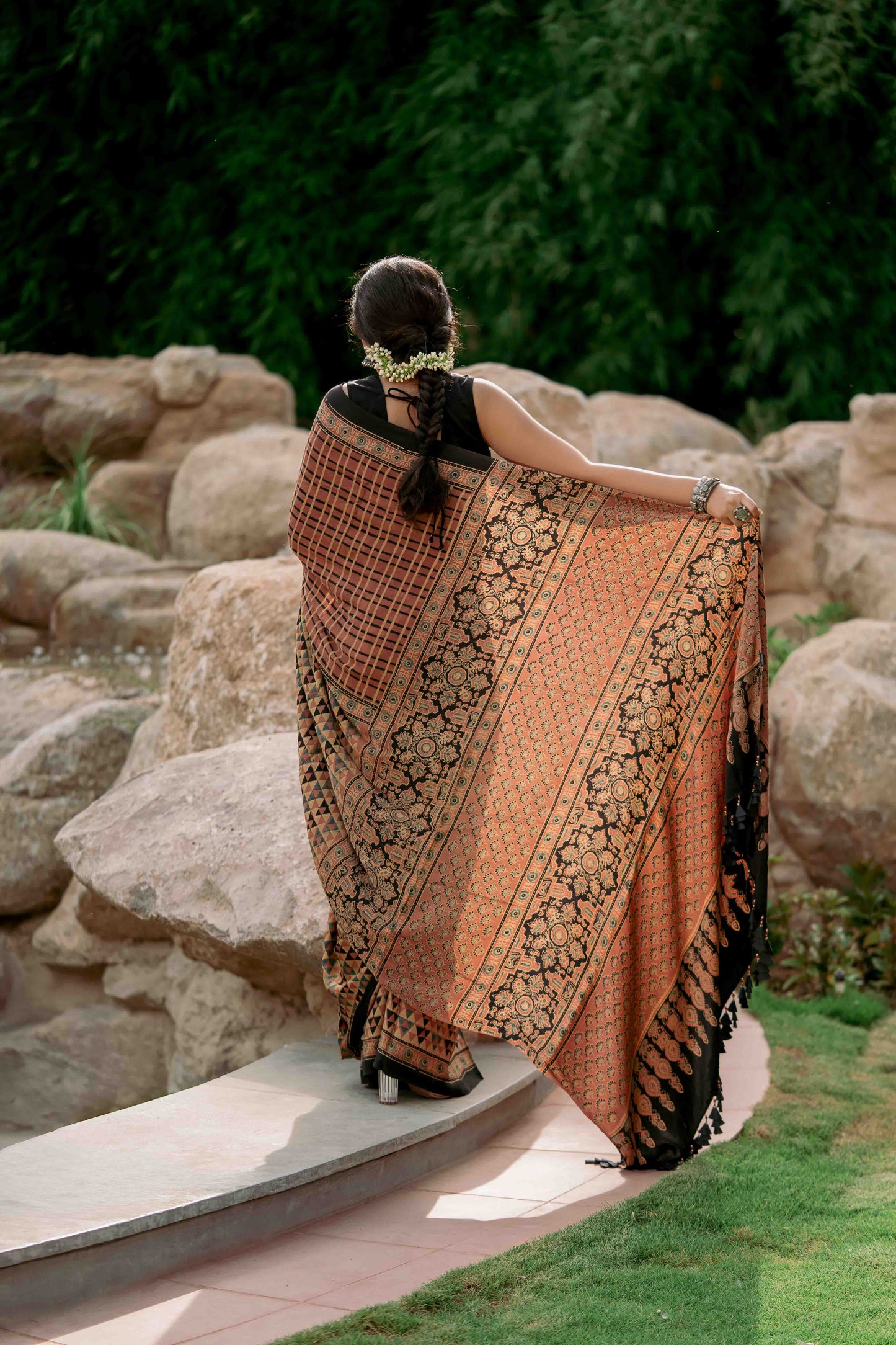 Ajrakh All Over Floral Modal Saree With Tassels