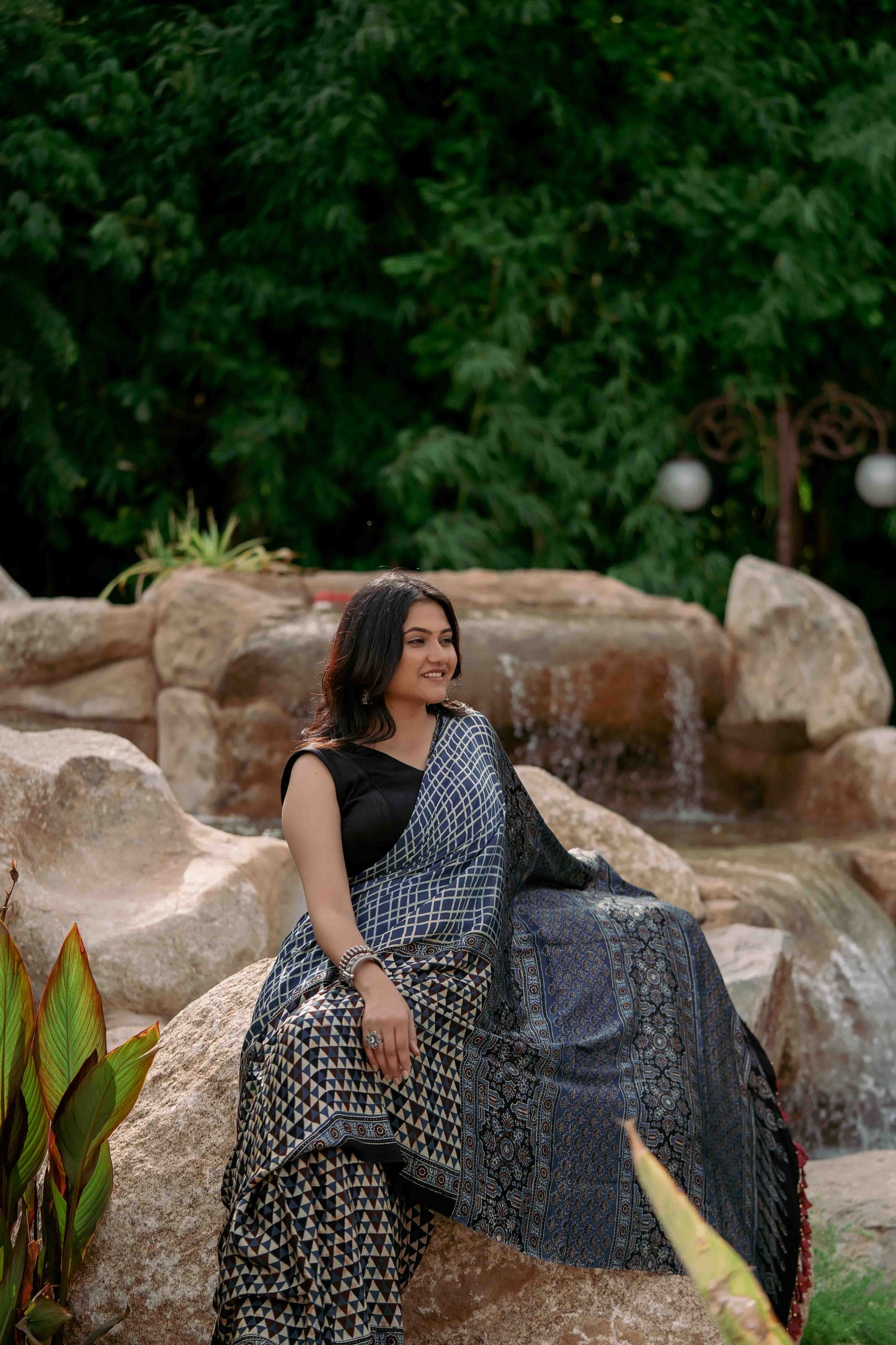 Contemporary Ajrakh Modal Saree With Crafted Tassels