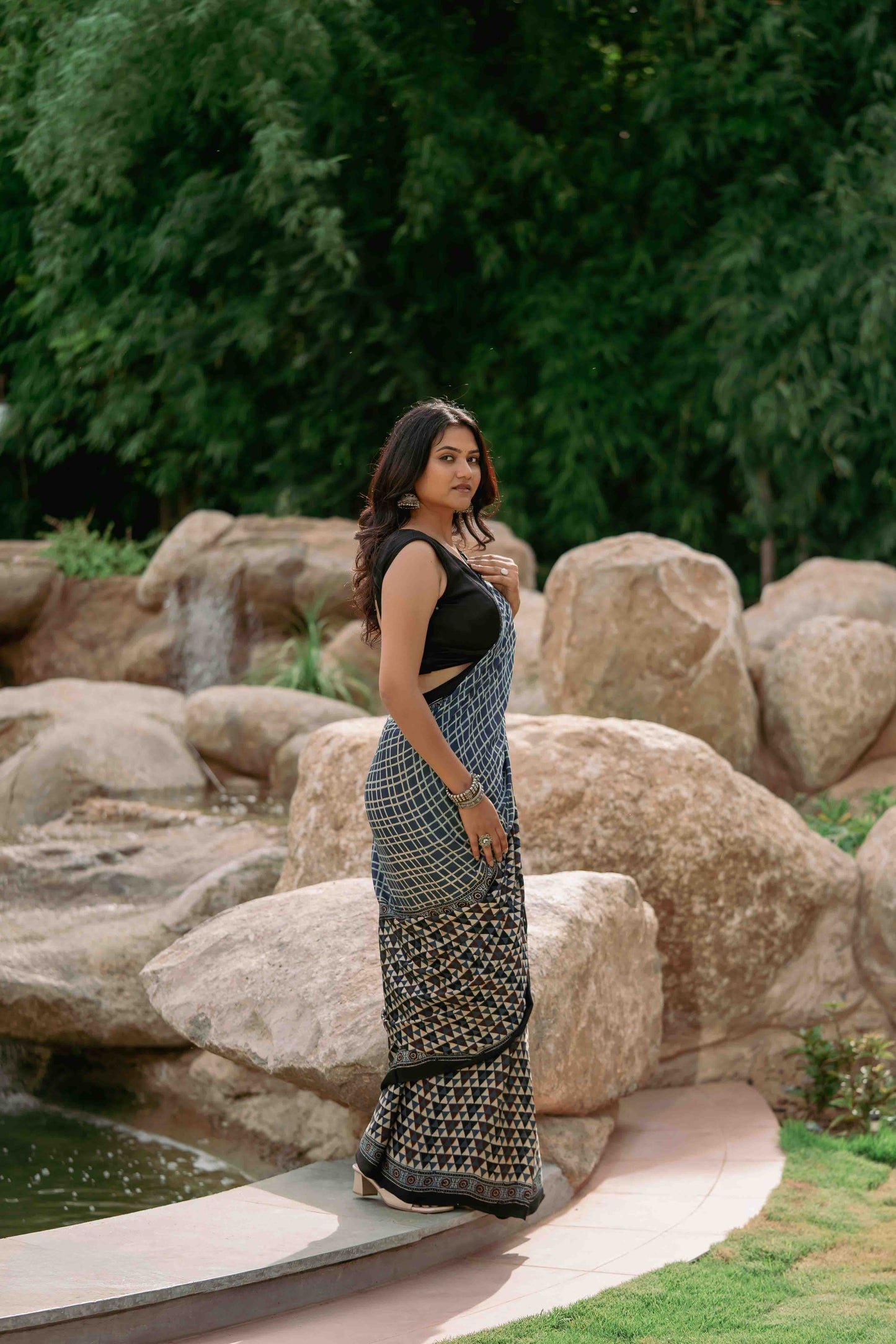 Contemporary Ajrakh Modal Saree With Crafted Tassels