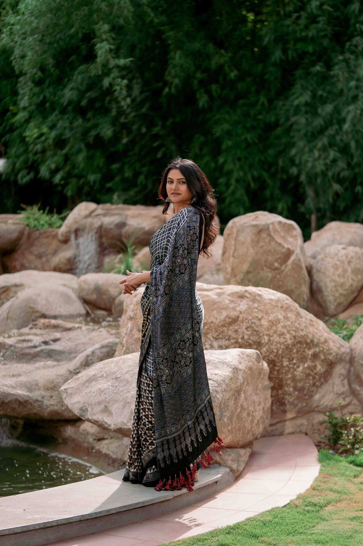 Contemporary Ajrakh Modal Saree With Crafted Tassels