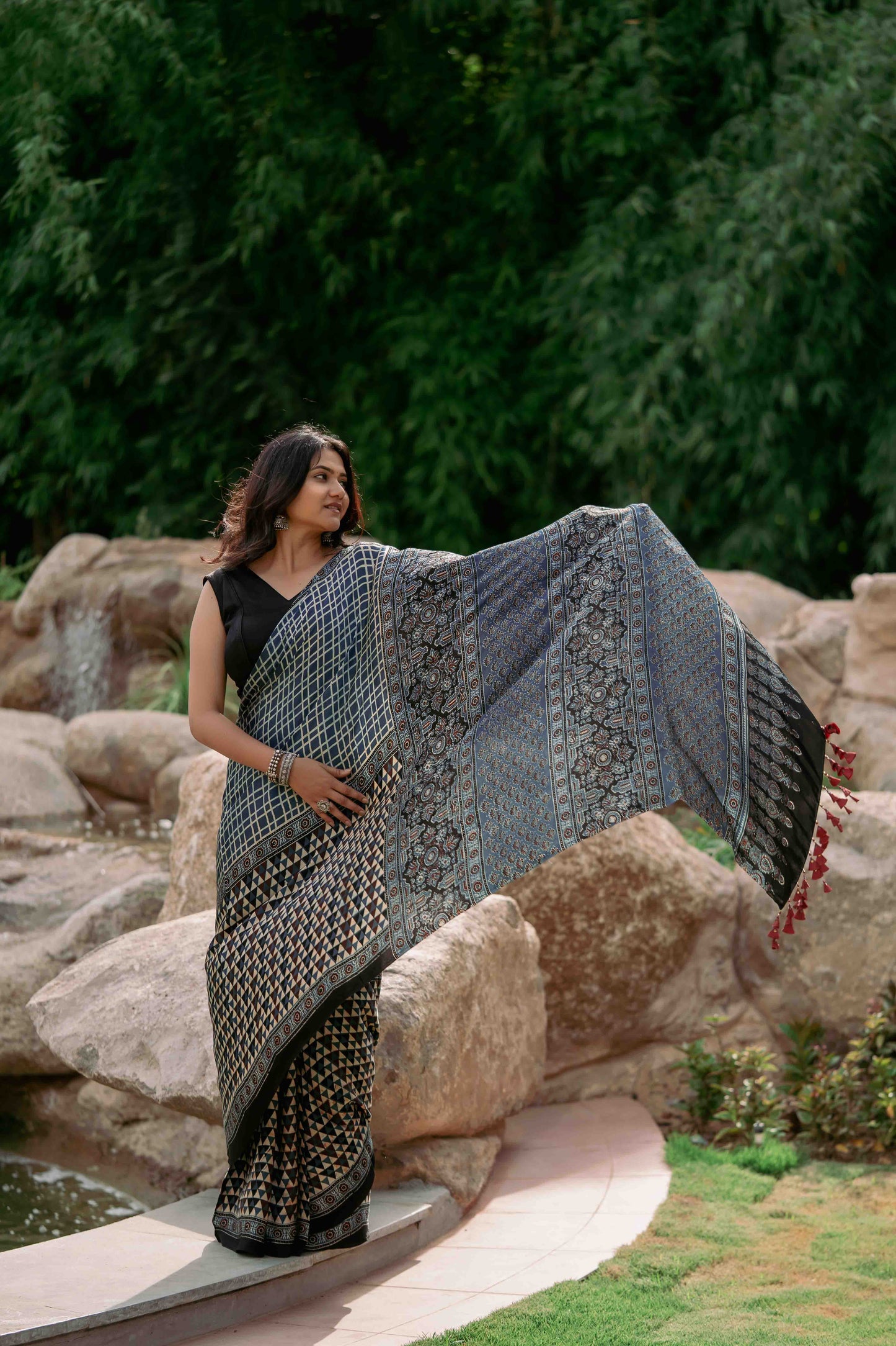 Contemporary Ajrakh Modal Saree With Crafted Tassels