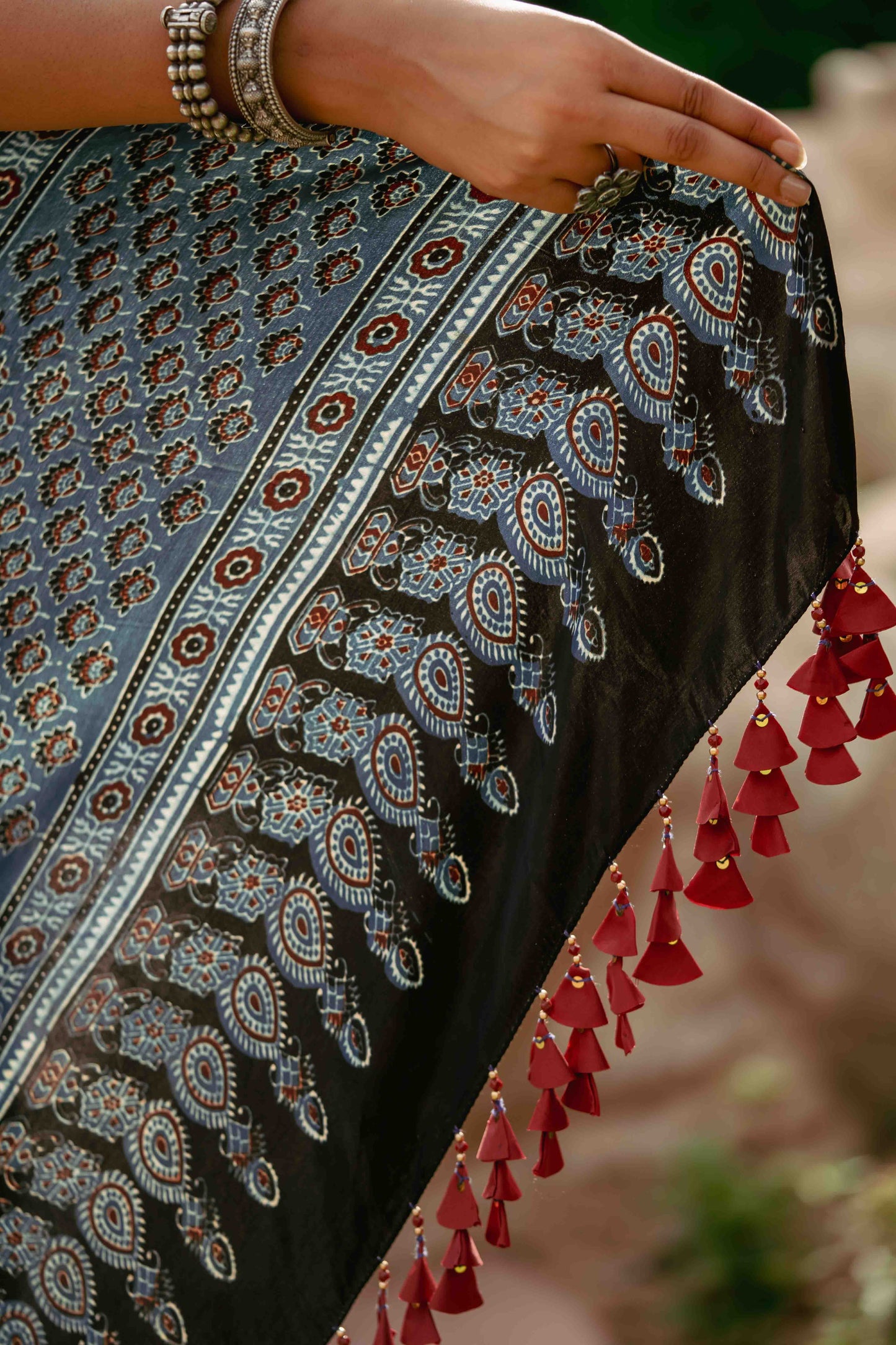Contemporary Ajrakh Modal Saree With Crafted Tassels