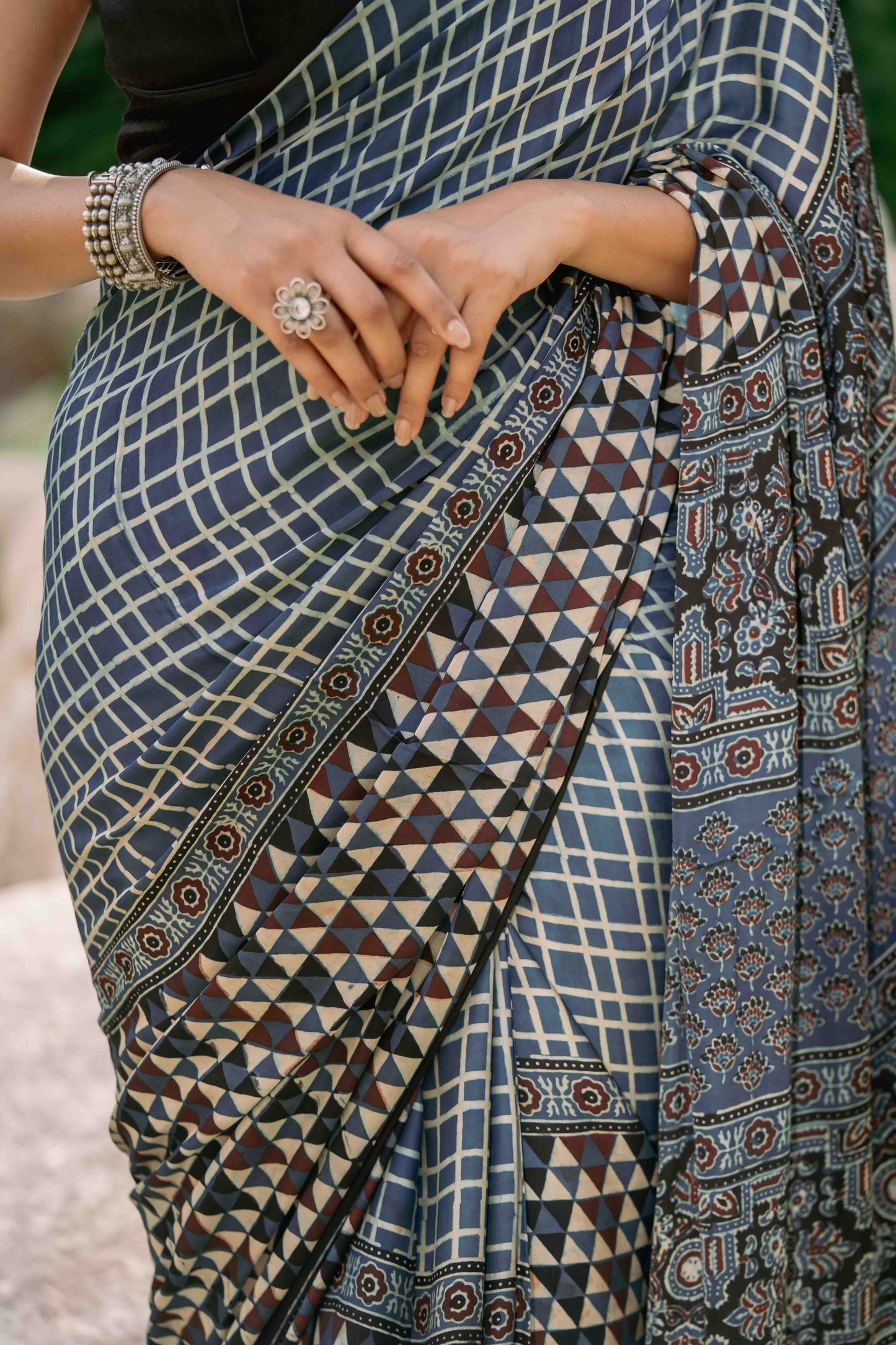 Contemporary Ajrakh Modal Saree With Crafted Tassels