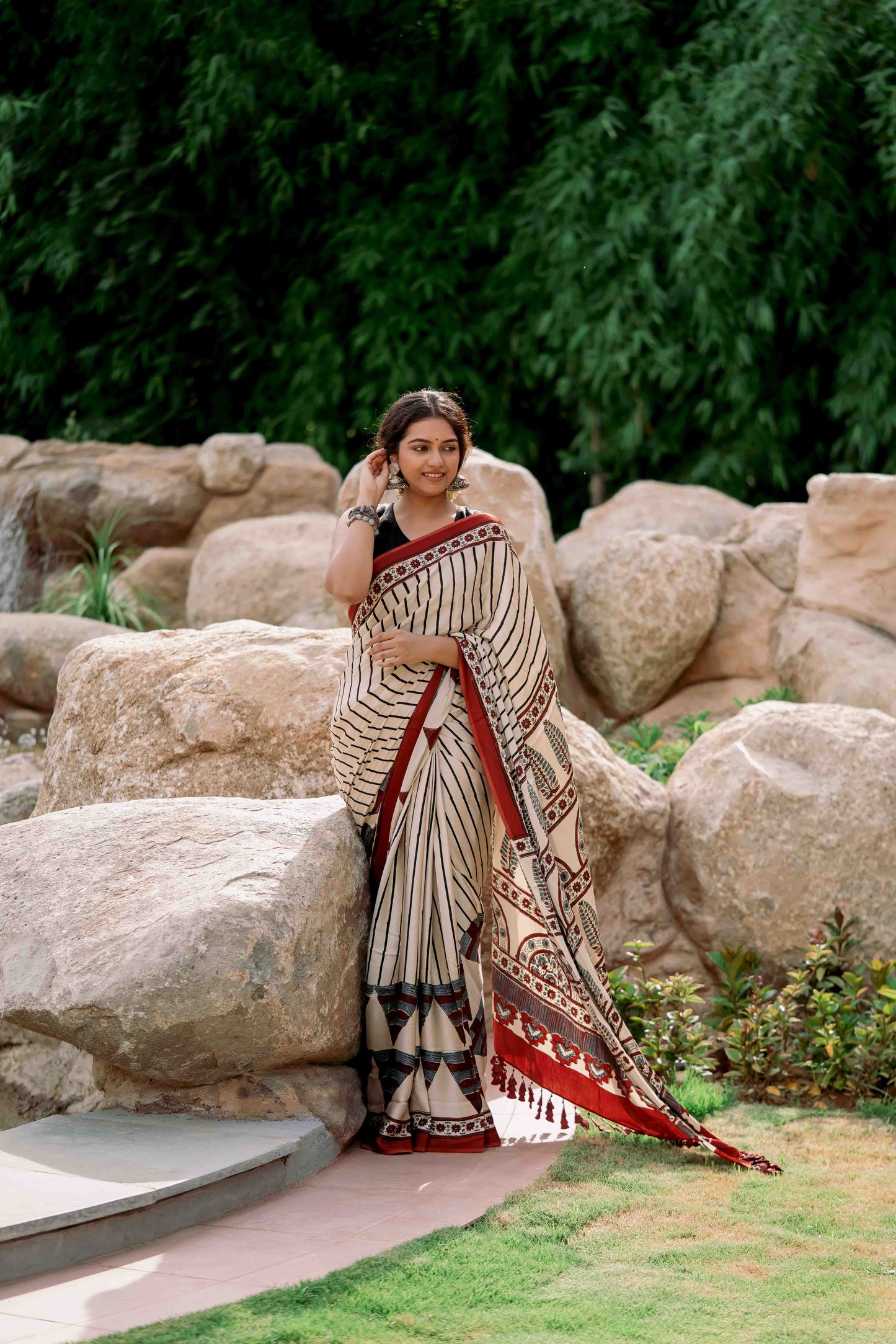 Ajrakh Modal Silk Red and White Saree