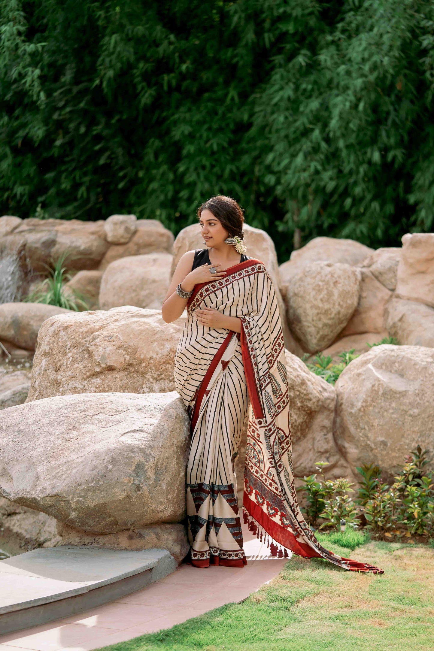 Ajrakh Modal Silk Red and White Saree