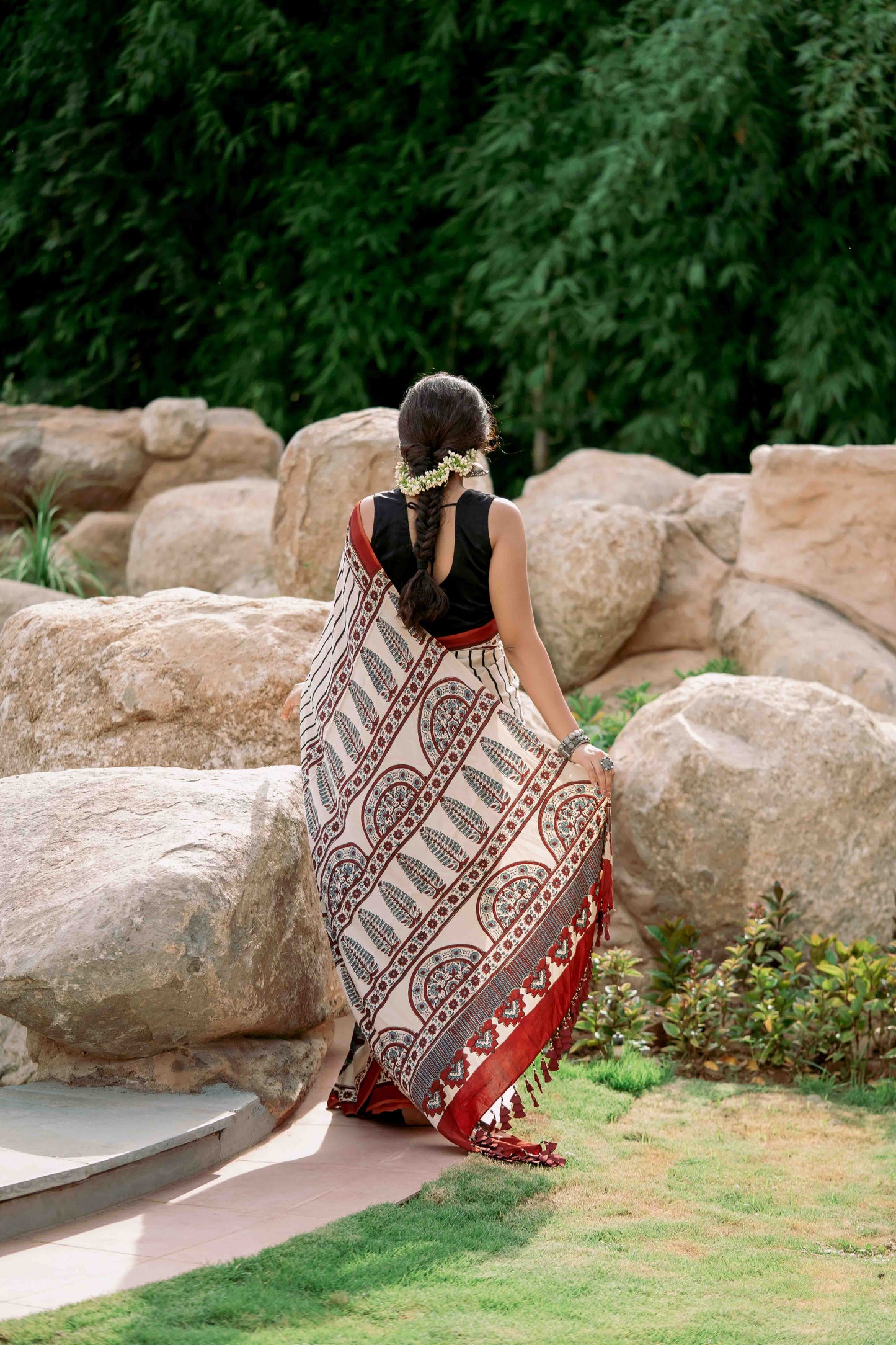 Ajrakh Modal Silk Red and White Saree