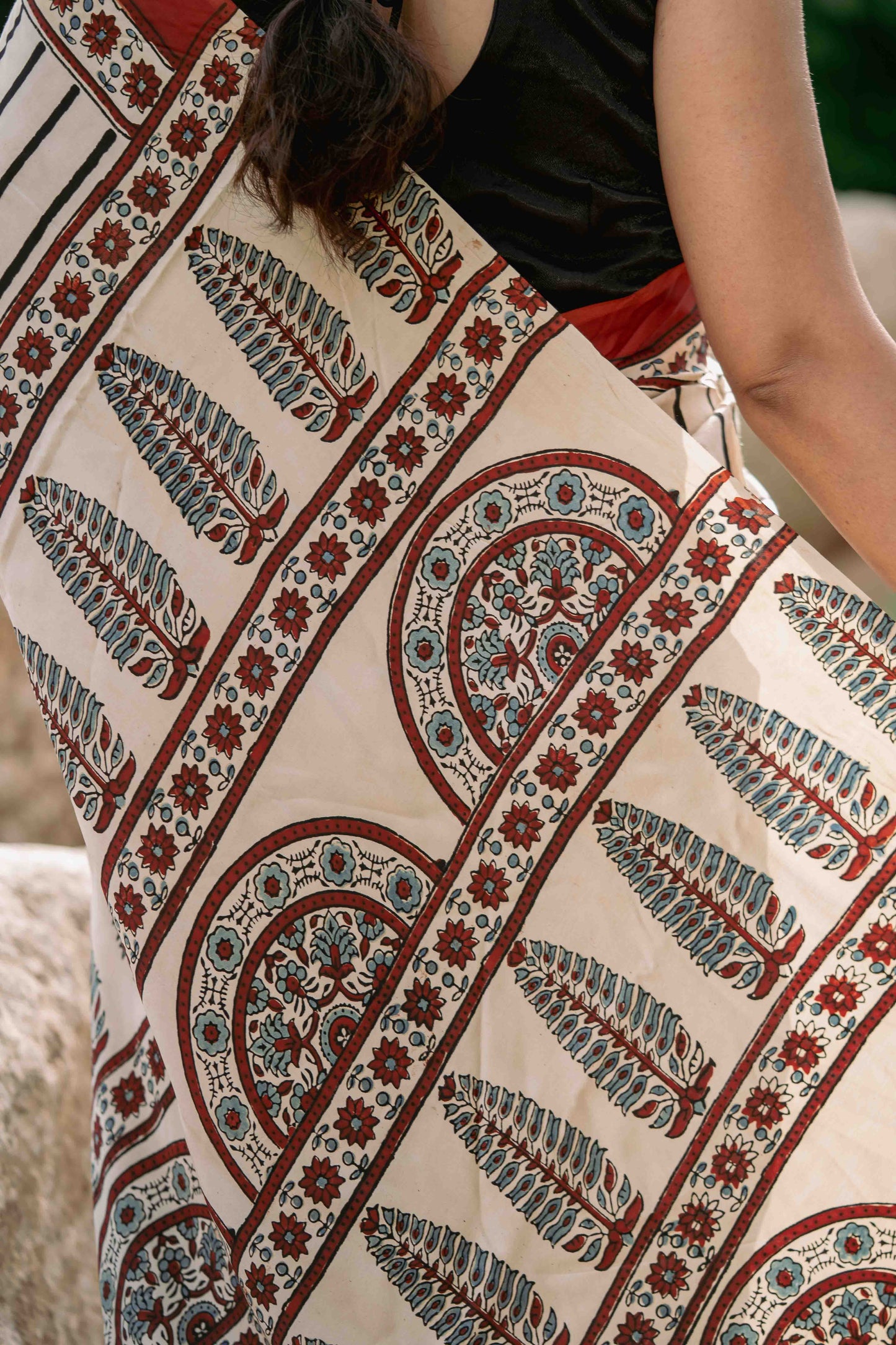 Ajrakh Modal Silk Red and White Saree