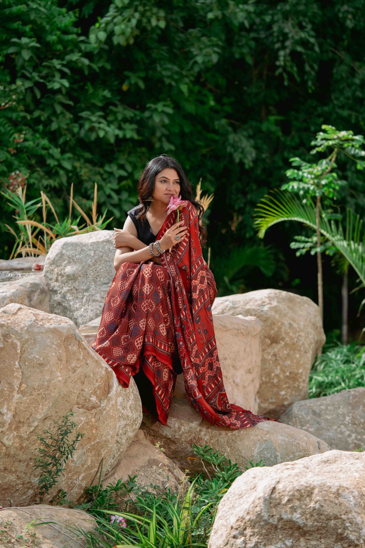 Orange-Black Ajrakh Modal Saree With Tassels