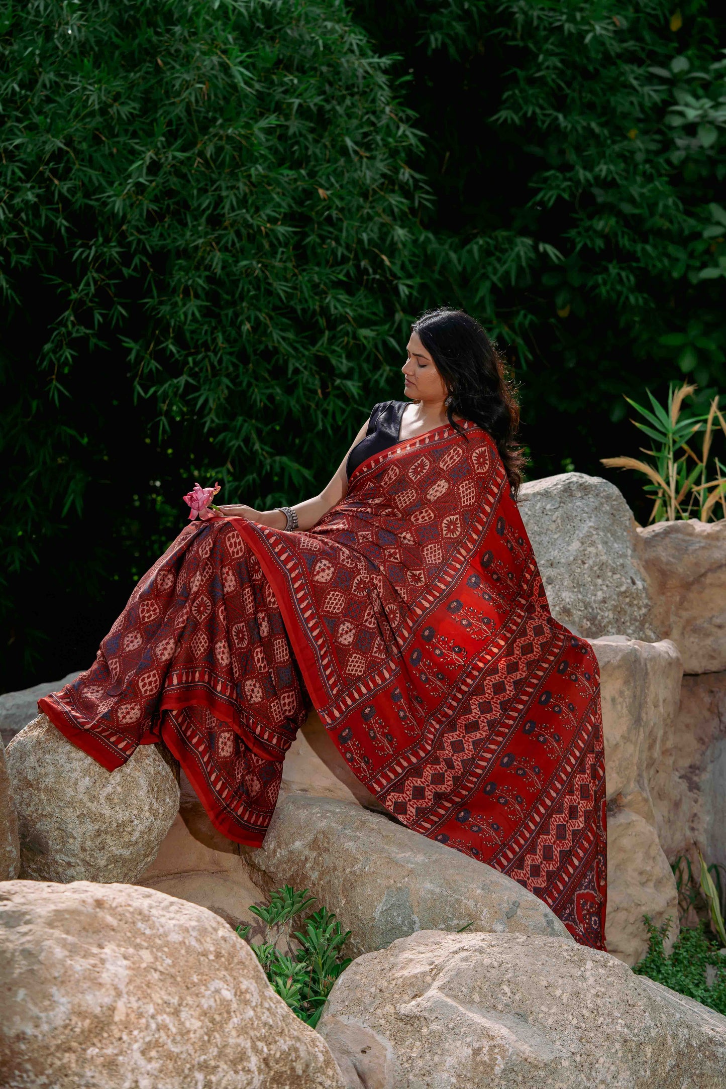 Orange-Black Ajrakh Modal Saree With Tassels
