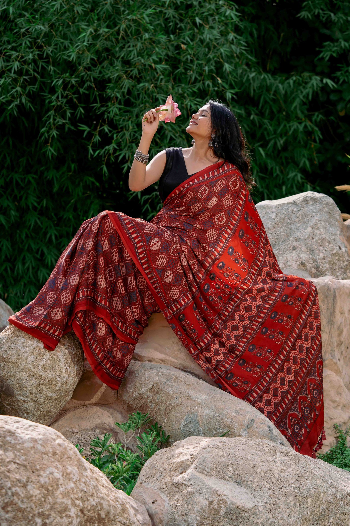 Orange-Black Ajrakh Modal Saree With Tassels