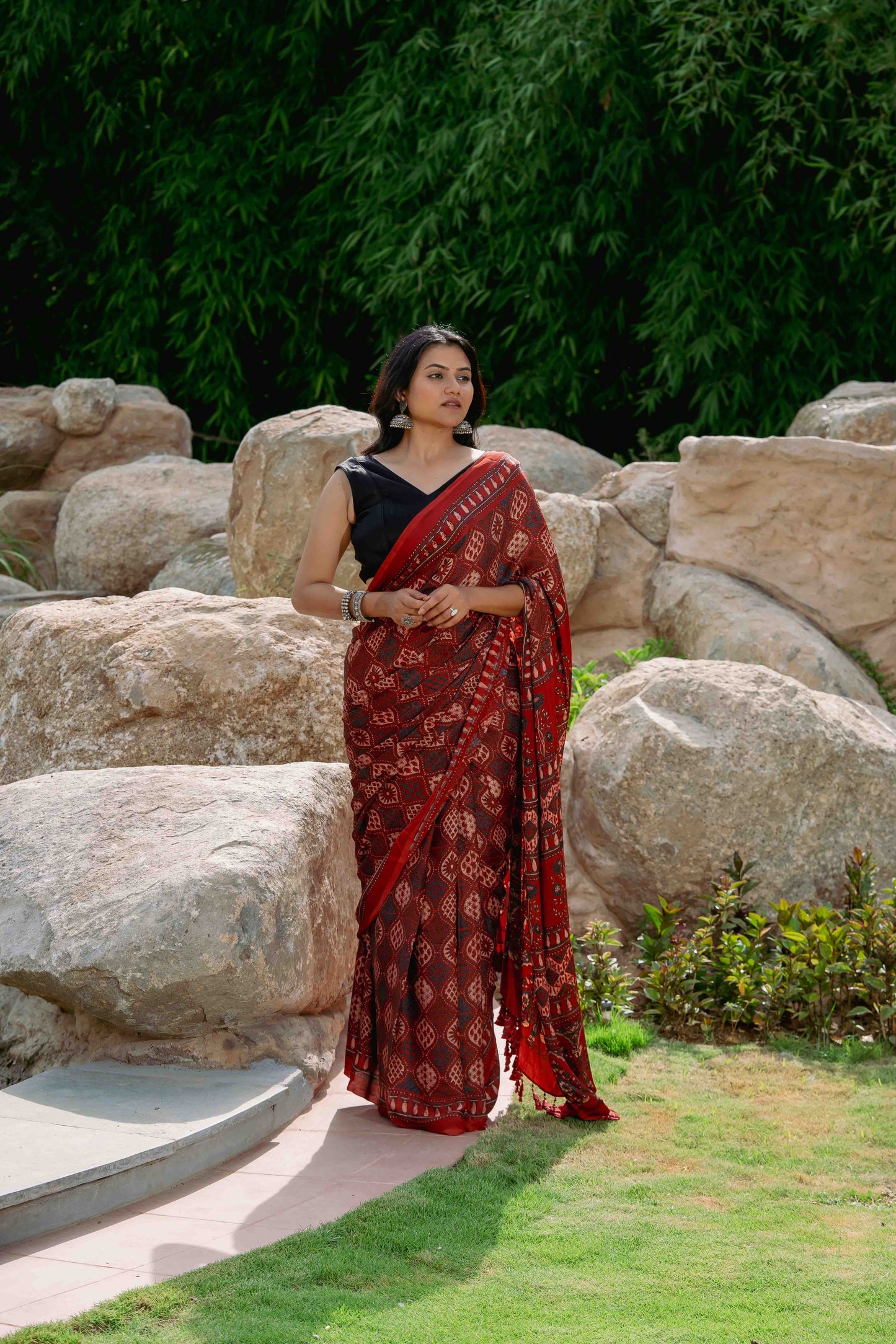 Orange-Black Ajrakh Modal Saree With Tassels