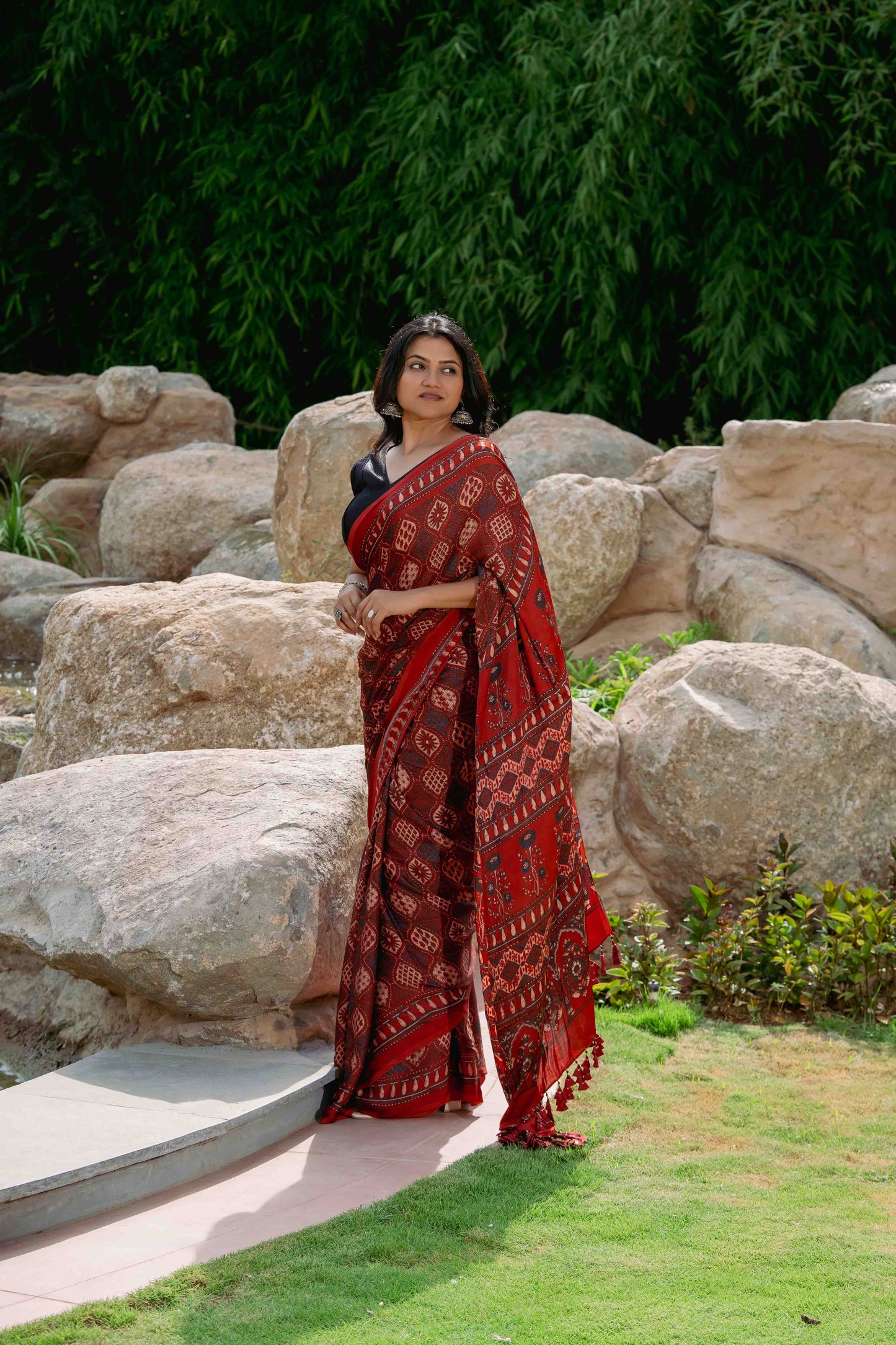 Orange-Black Ajrakh Modal Saree With Tassels