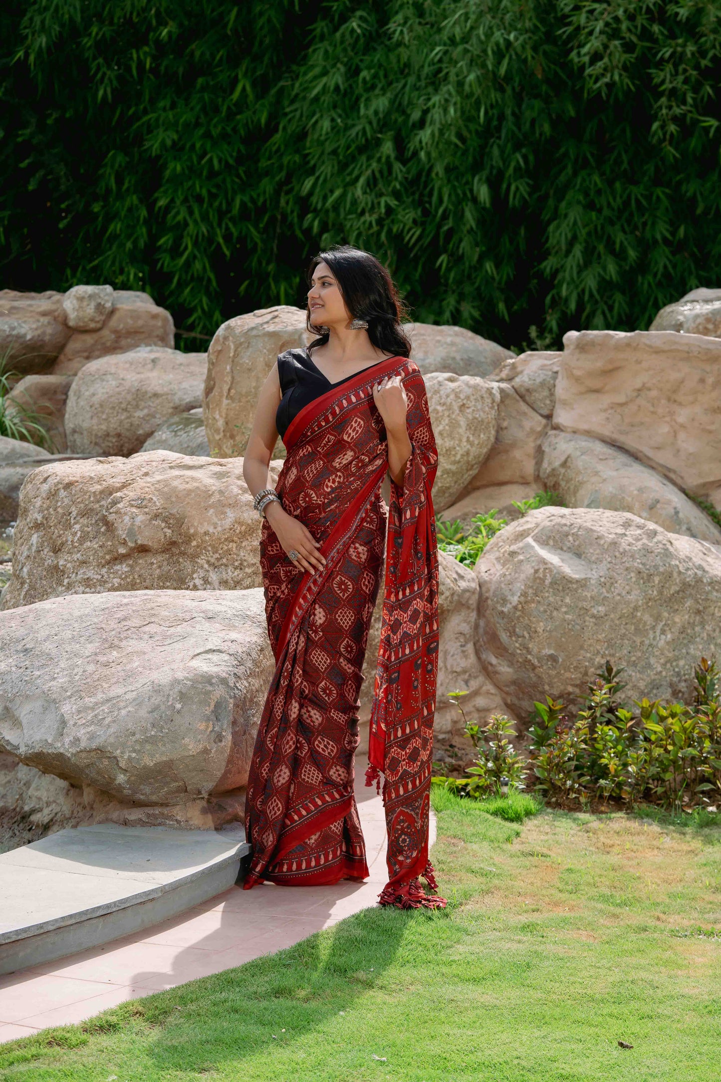 Orange-Black Ajrakh Modal Saree With Tassels
