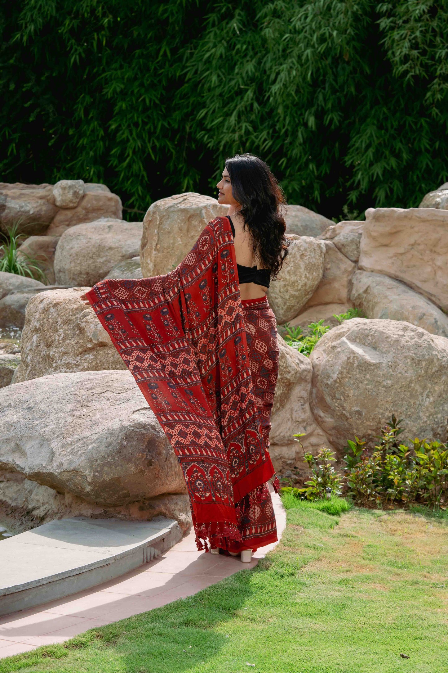 Orange-Black Ajrakh Modal Saree With Tassels