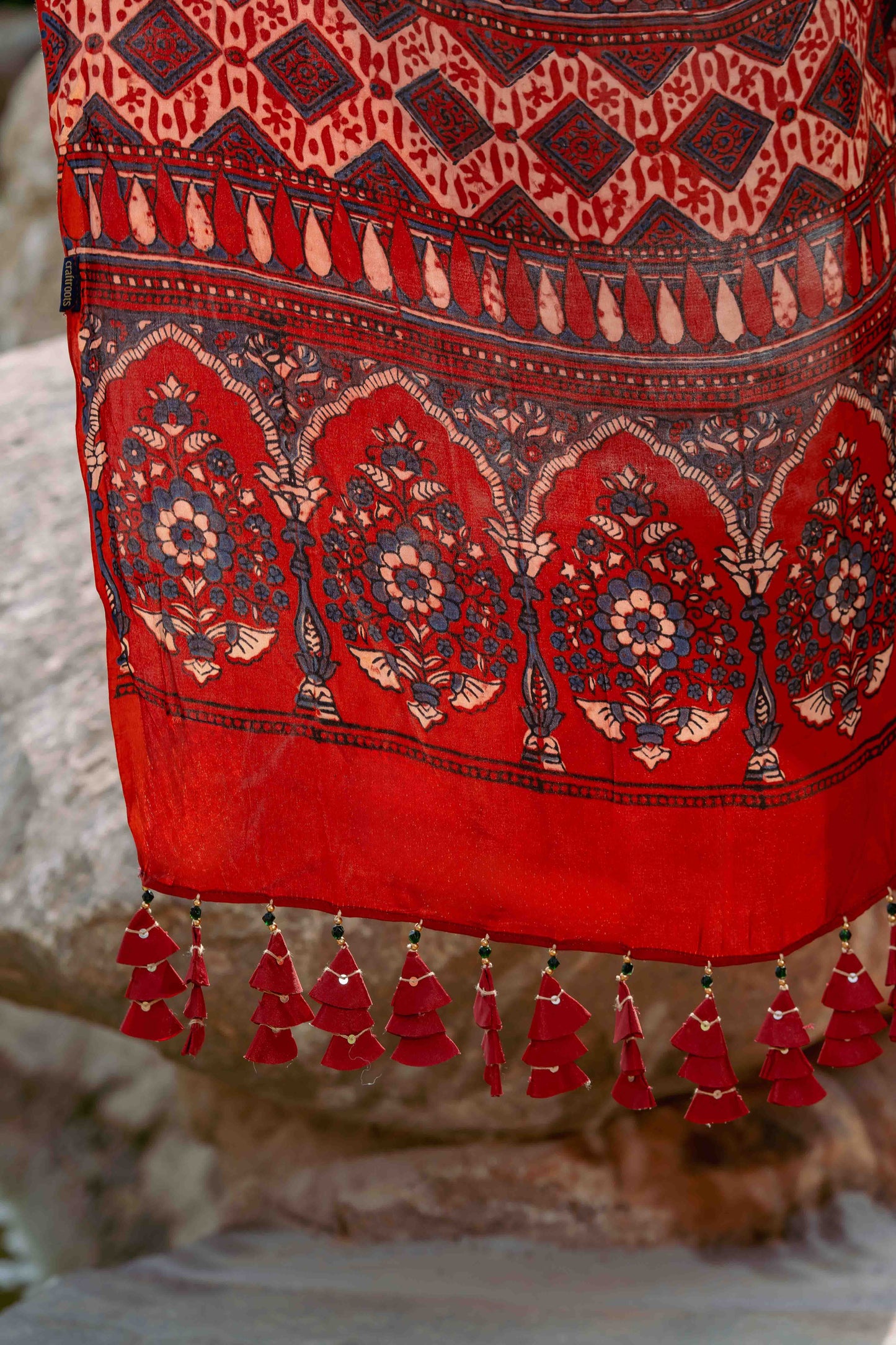 Orange-Black Ajrakh Modal Saree With Tassels