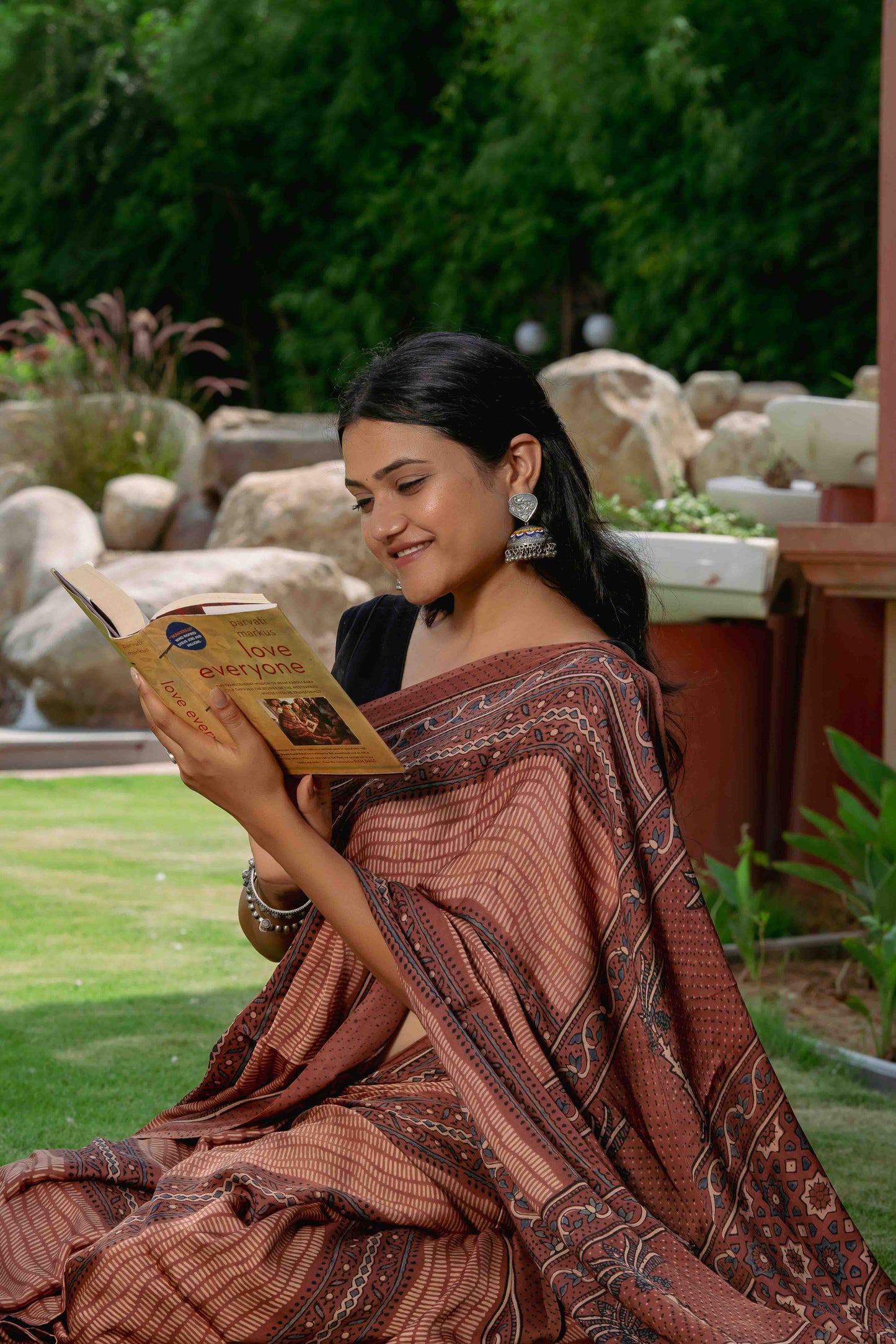 Ajrakh Modal Saree With Handmade Tassels