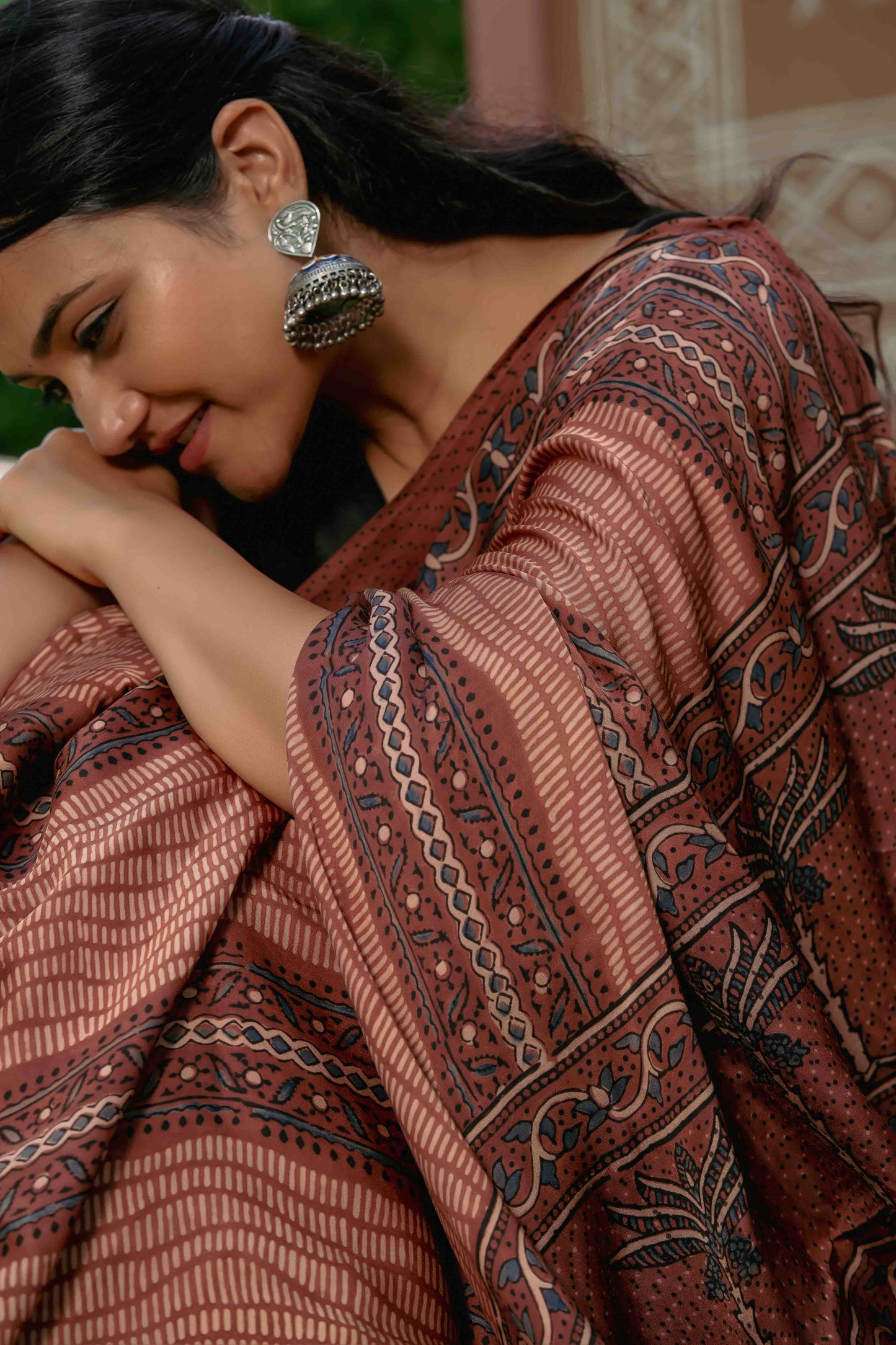 Ajrakh Modal Saree With Handmade Tassels