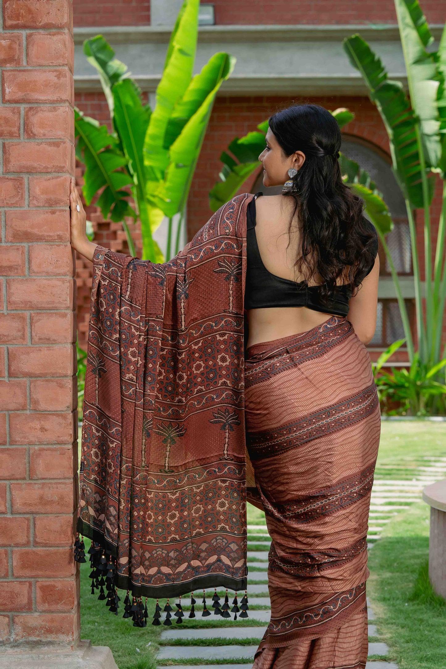 Ajrakh Modal Saree With Handmade Tassels