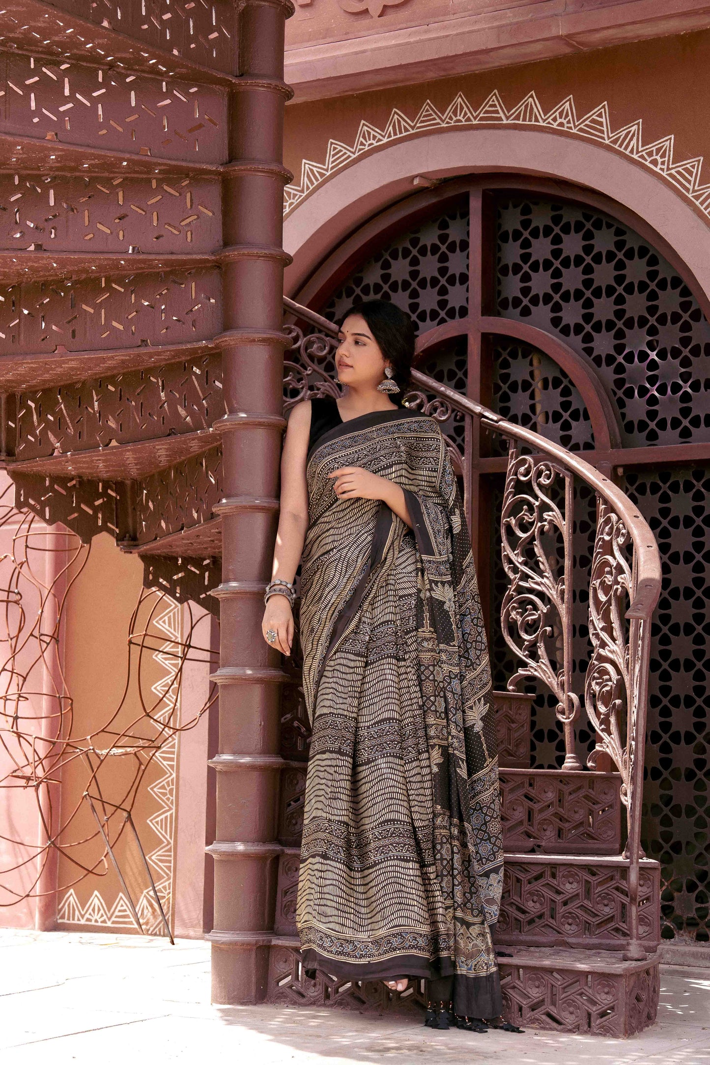 Ajrakh Black Saree With Handmade Tassels