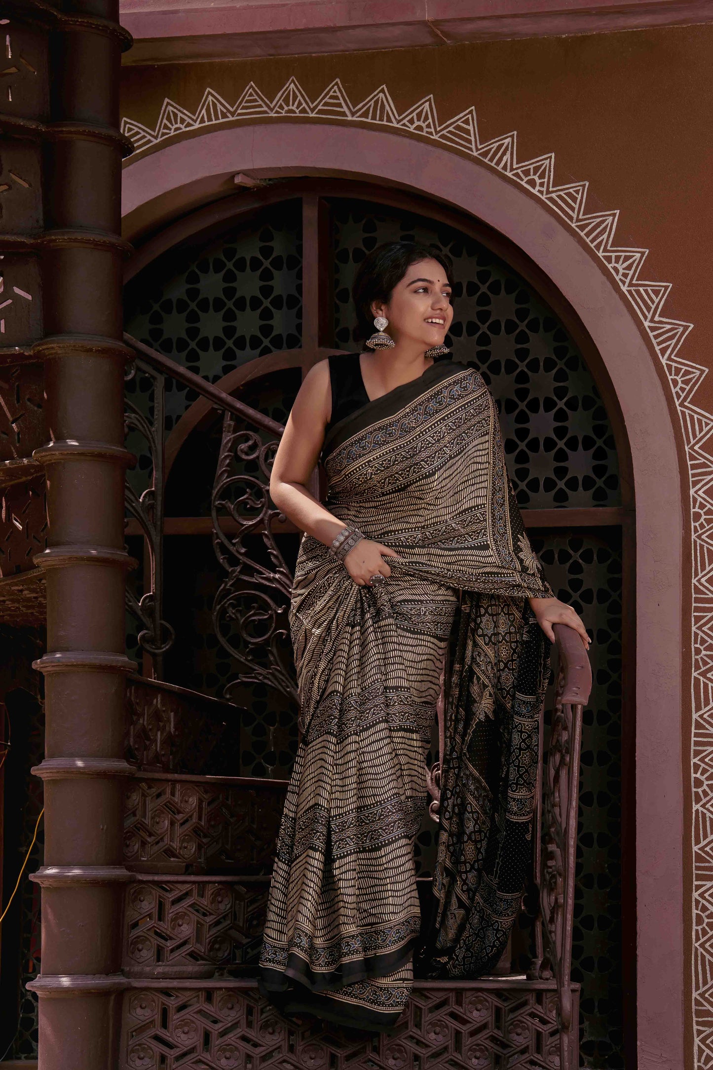 Ajrakh Black Saree With Handmade Tassels