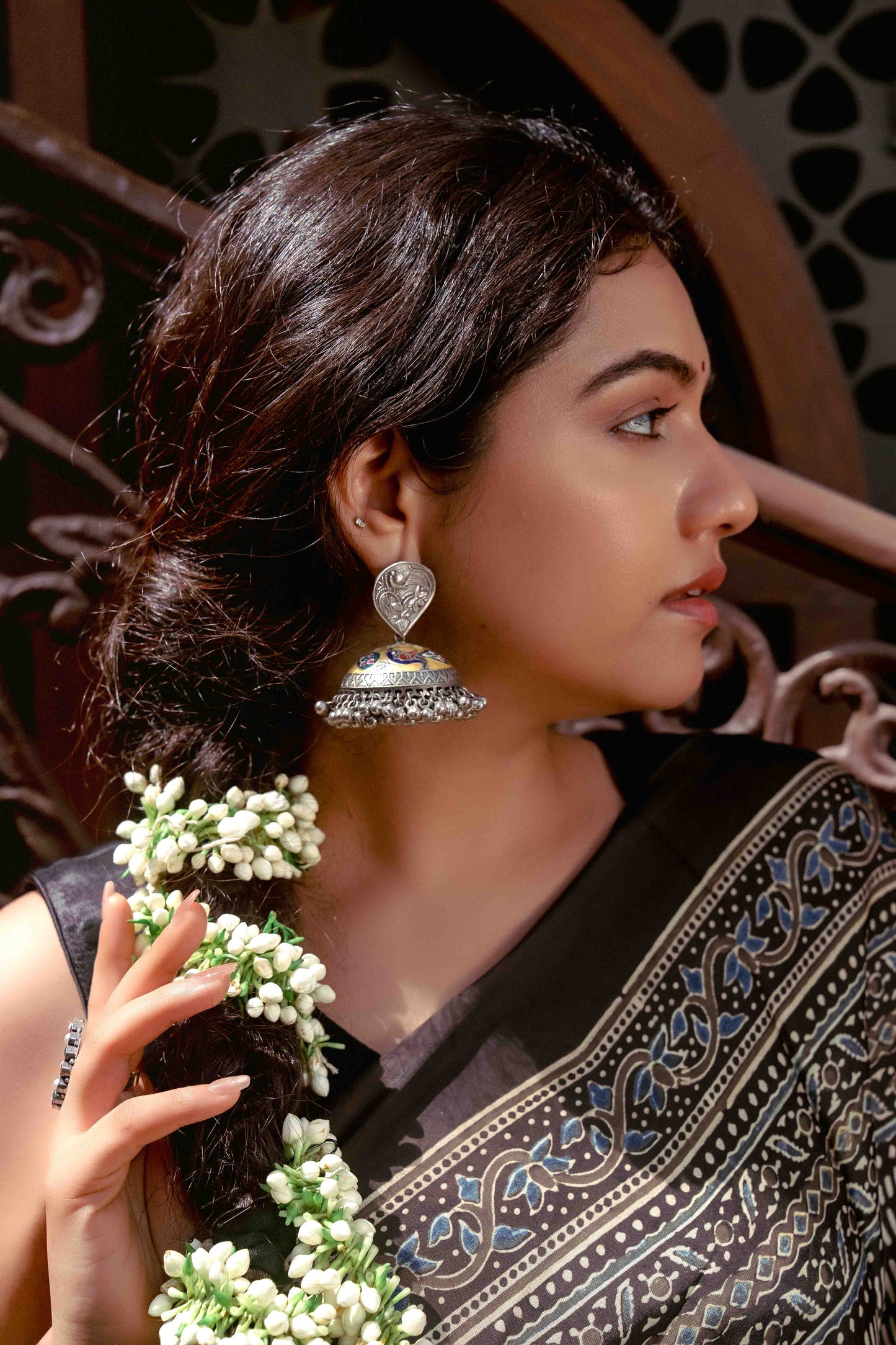 Ajrakh Black Saree With Handmade Tassels