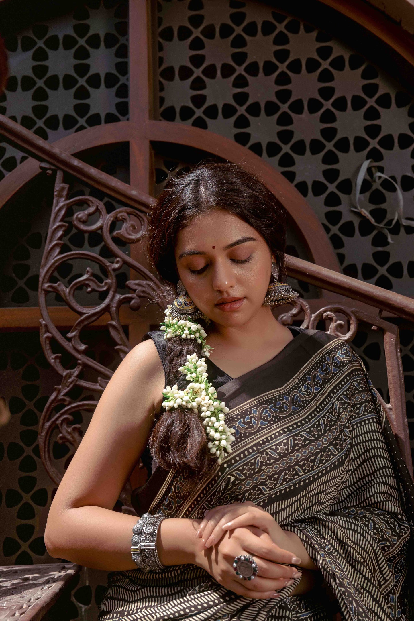 Ajrakh Black Saree With Handmade Tassels