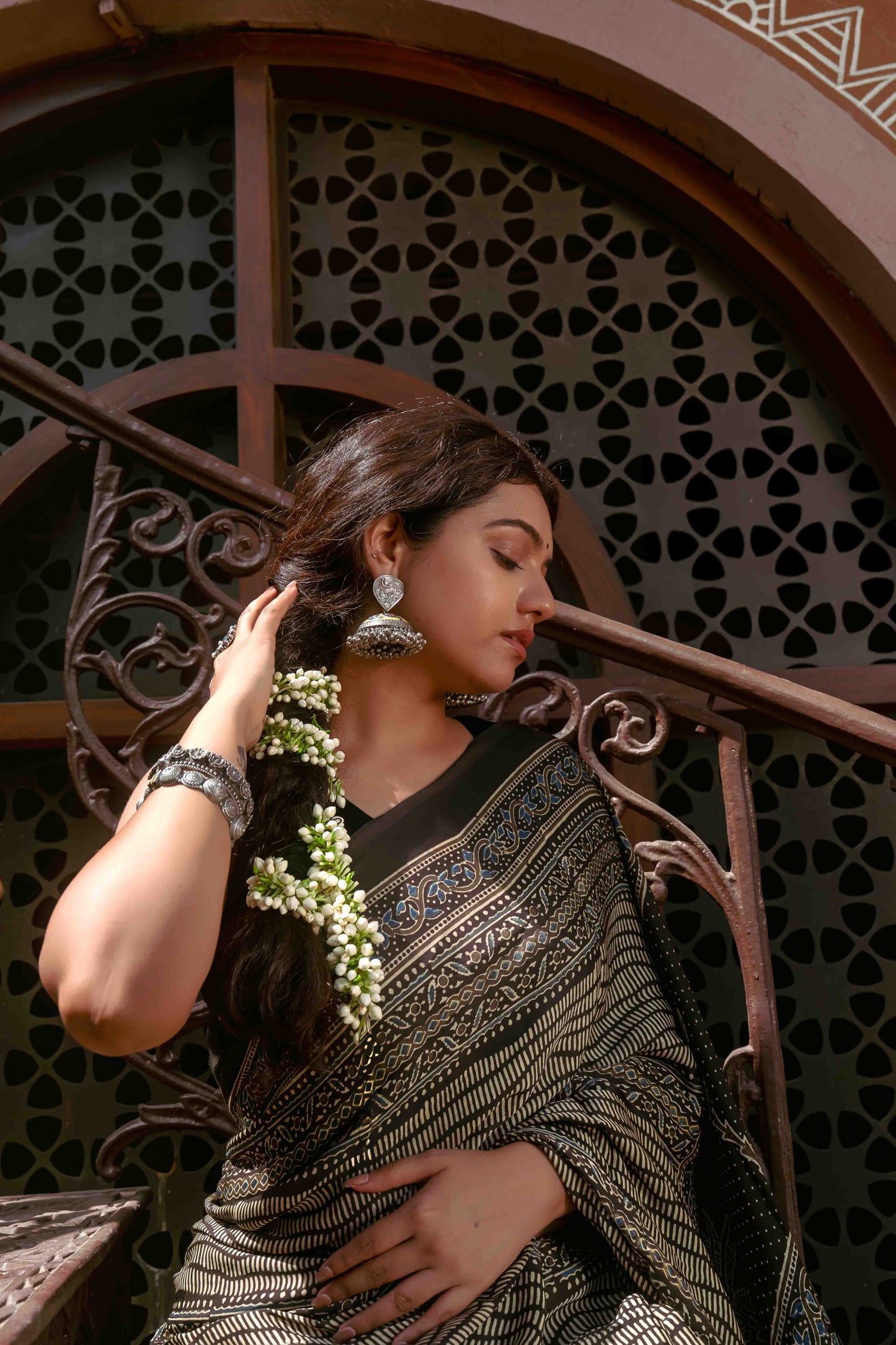 Ajrakh Black Saree With Handmade Tassels