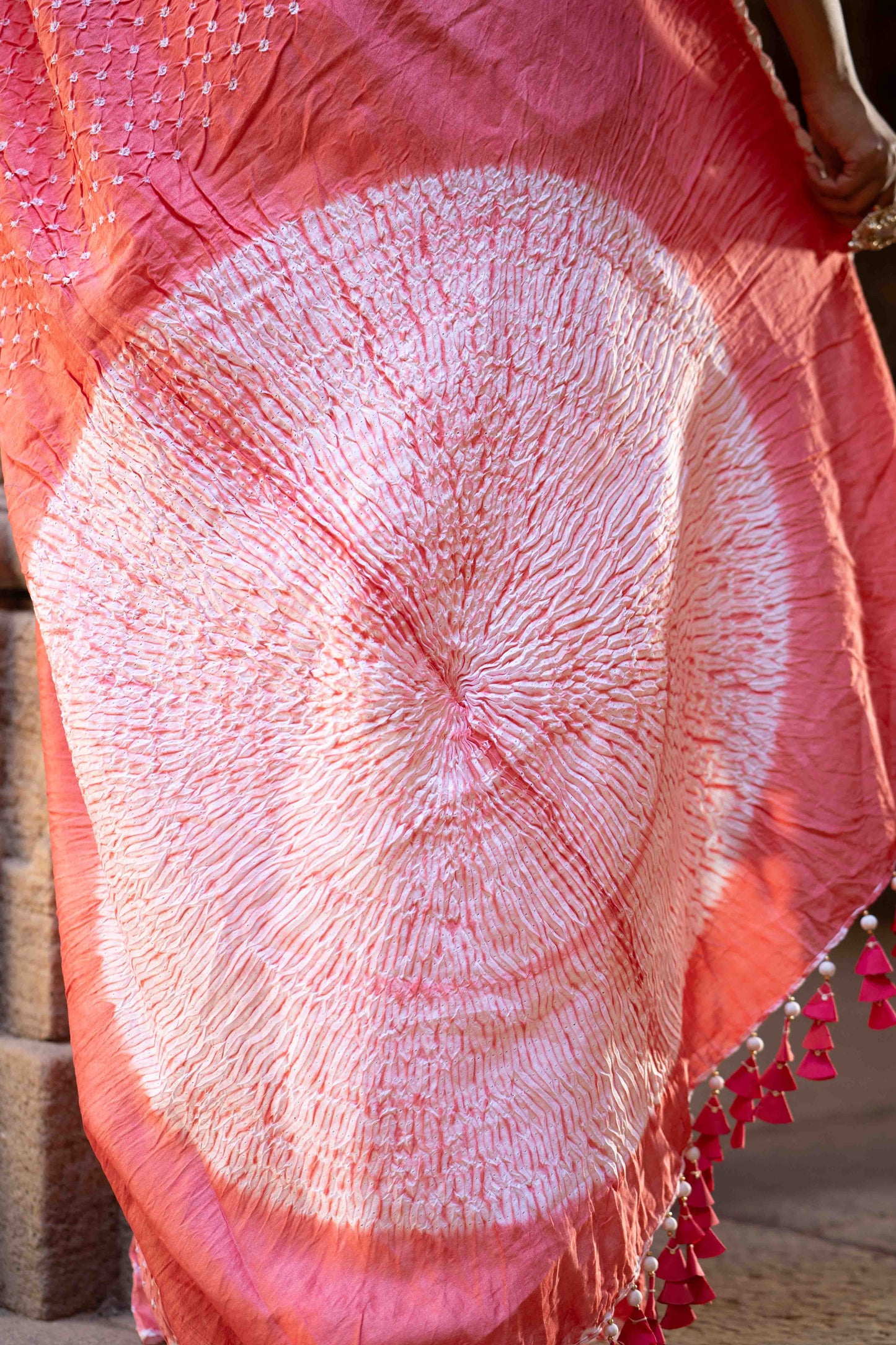 Bandhani Shibori Peach Saree With Tassels