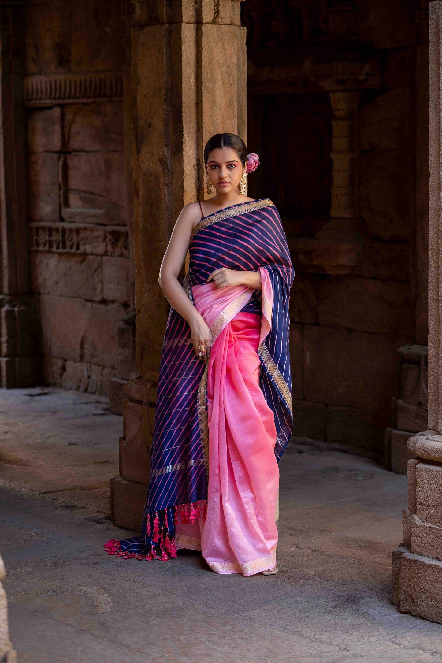Laheriya Chanderi Purple Saree With Tassels