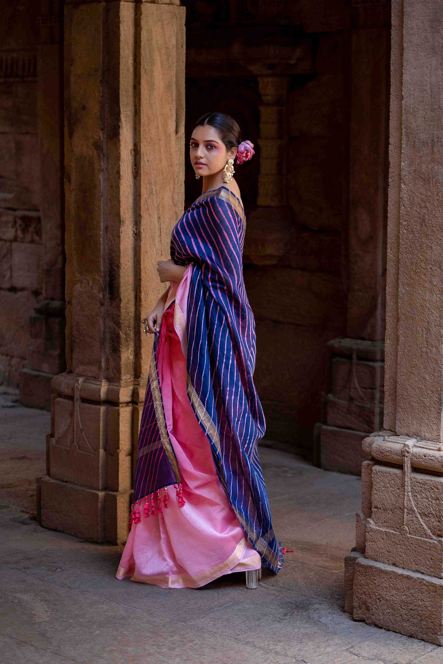 Laheriya Chanderi Purple Saree With Tassels