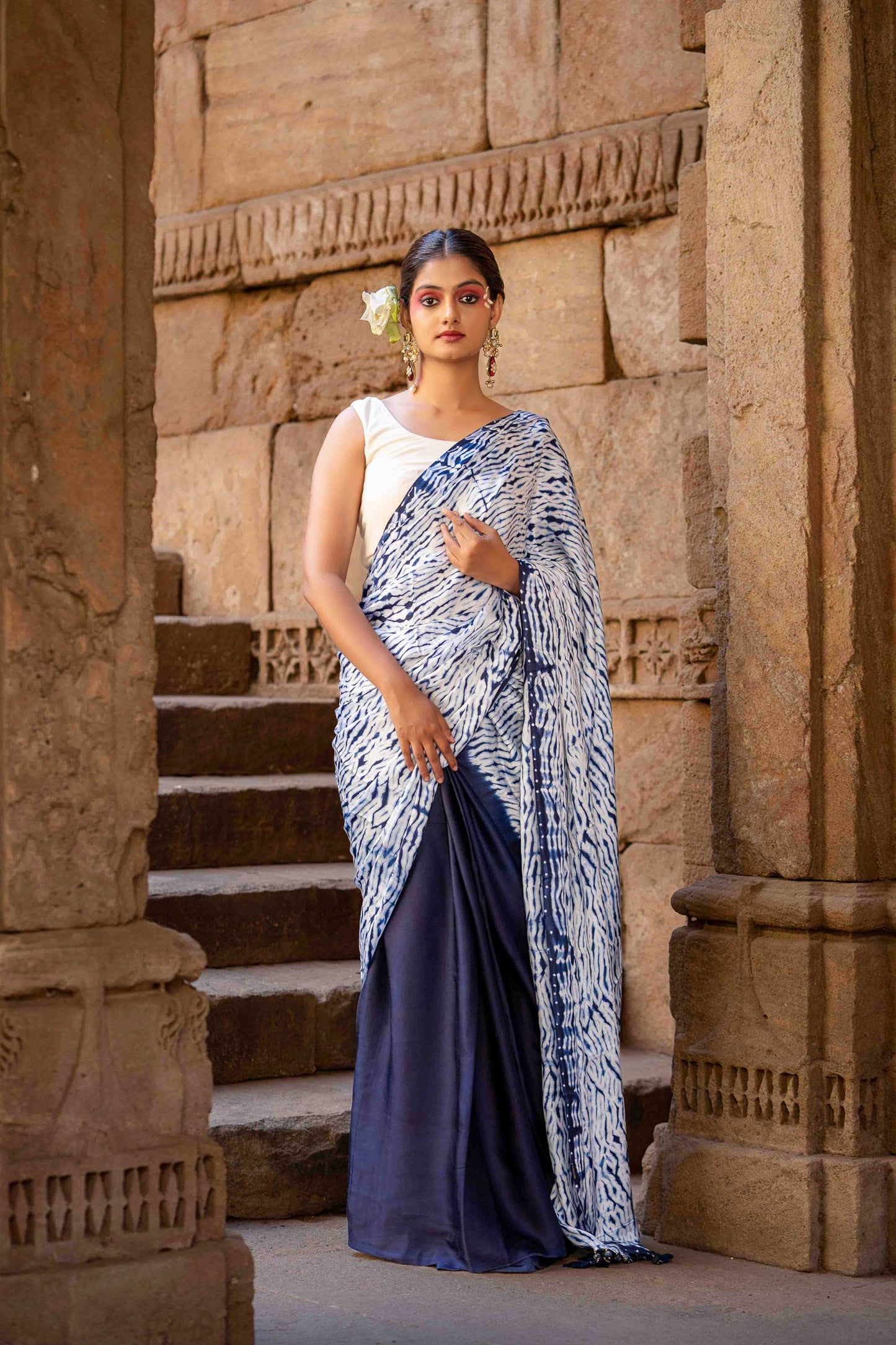 Blue Shibori Modal Saree With Handmade Tassels