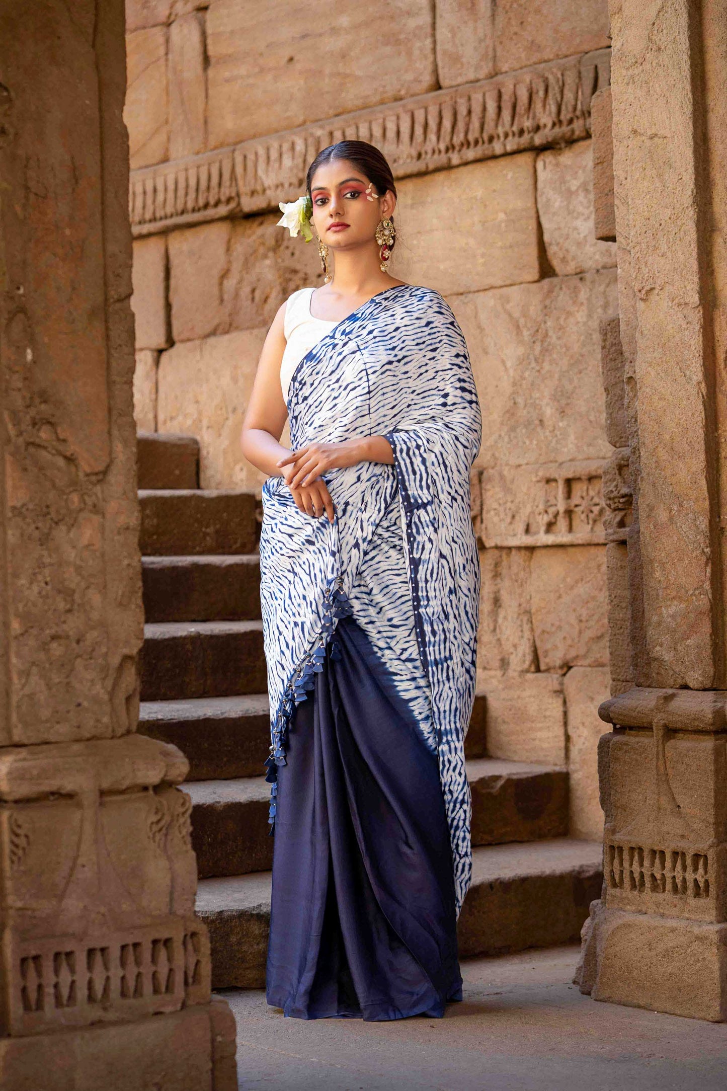 Blue Shibori Modal Saree With Handmade Tassels