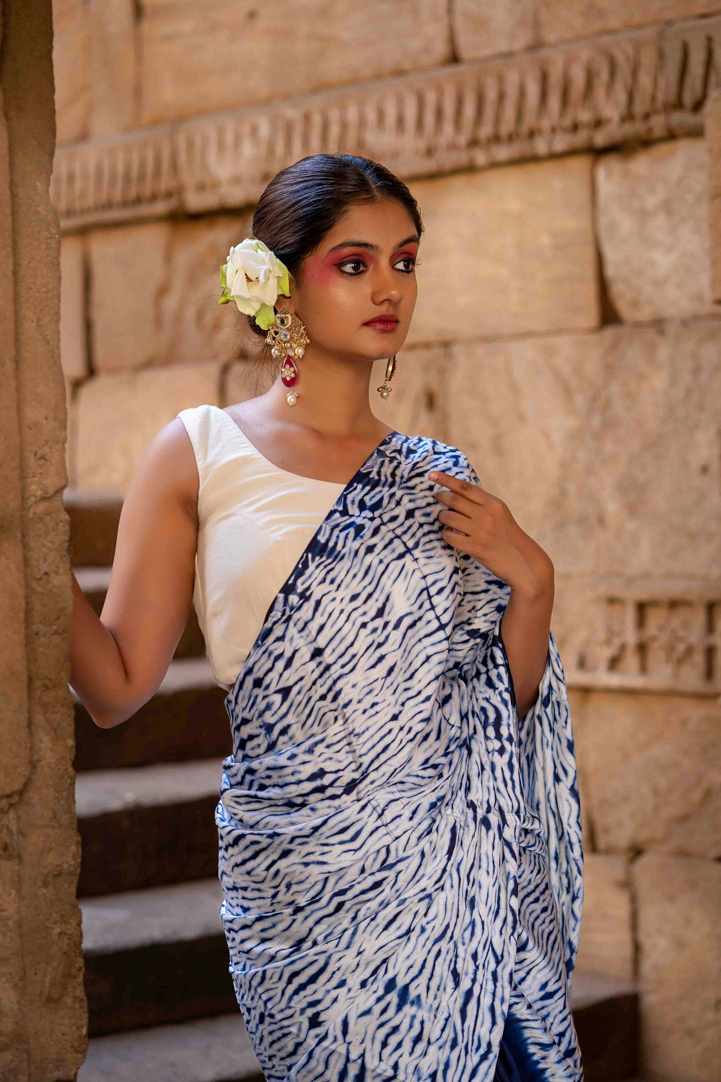 Blue Shibori Modal Saree With Handmade Tassels