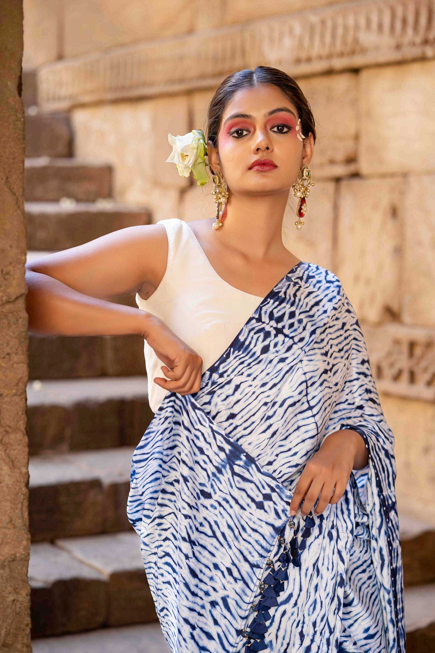 Blue Shibori Modal Saree With Handmade Tassels