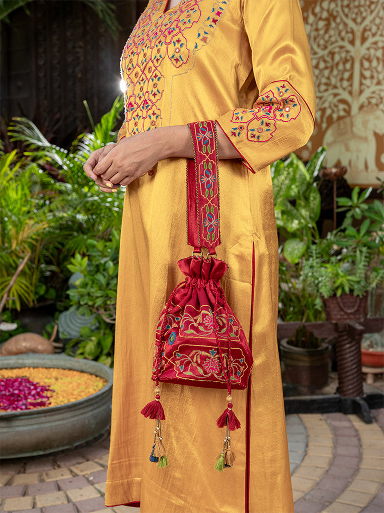 Maroon Floral Round Potli