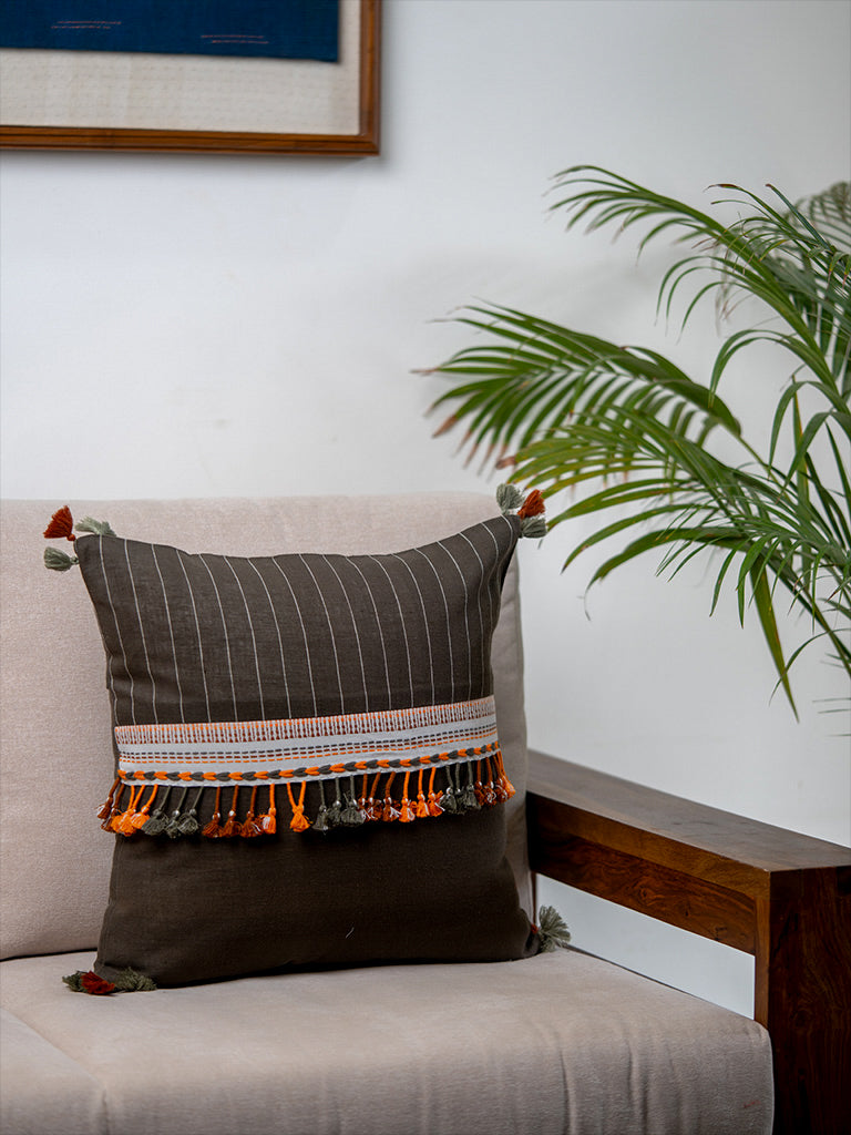 HandWoven Bhujodi Cushion Cover With Miri Tassels
