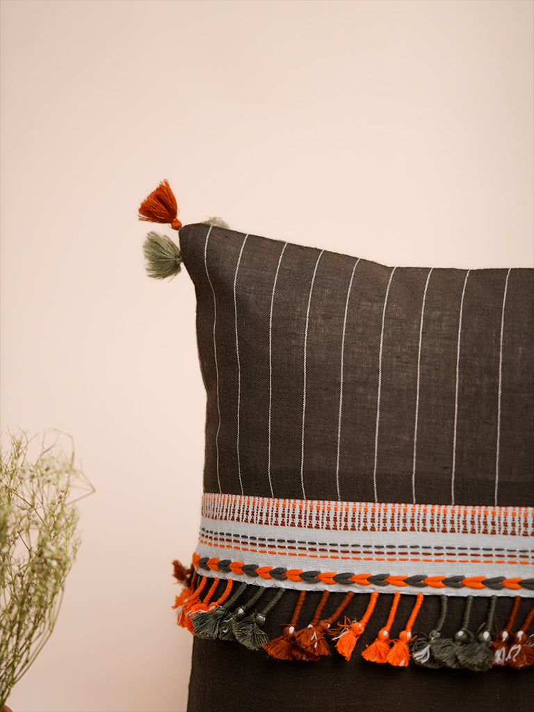 HandWoven Bhujodi Cushion Cover With Miri Tassels