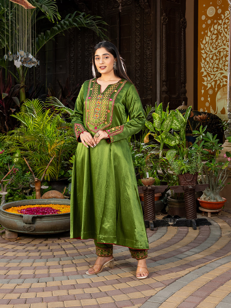 Mashru Kurta Set with Aari and Mirror Work