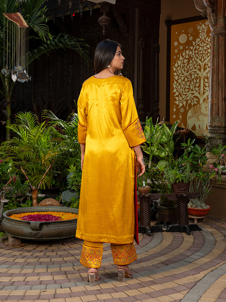 Handcrafted Mashru Kurta Set With Aari And Mirror Work