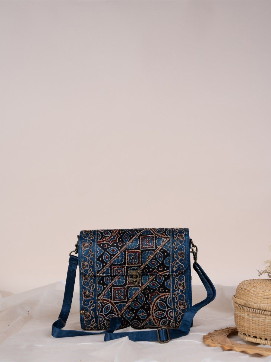 Blue Capsule Ajrakh Wooden Sling Bag