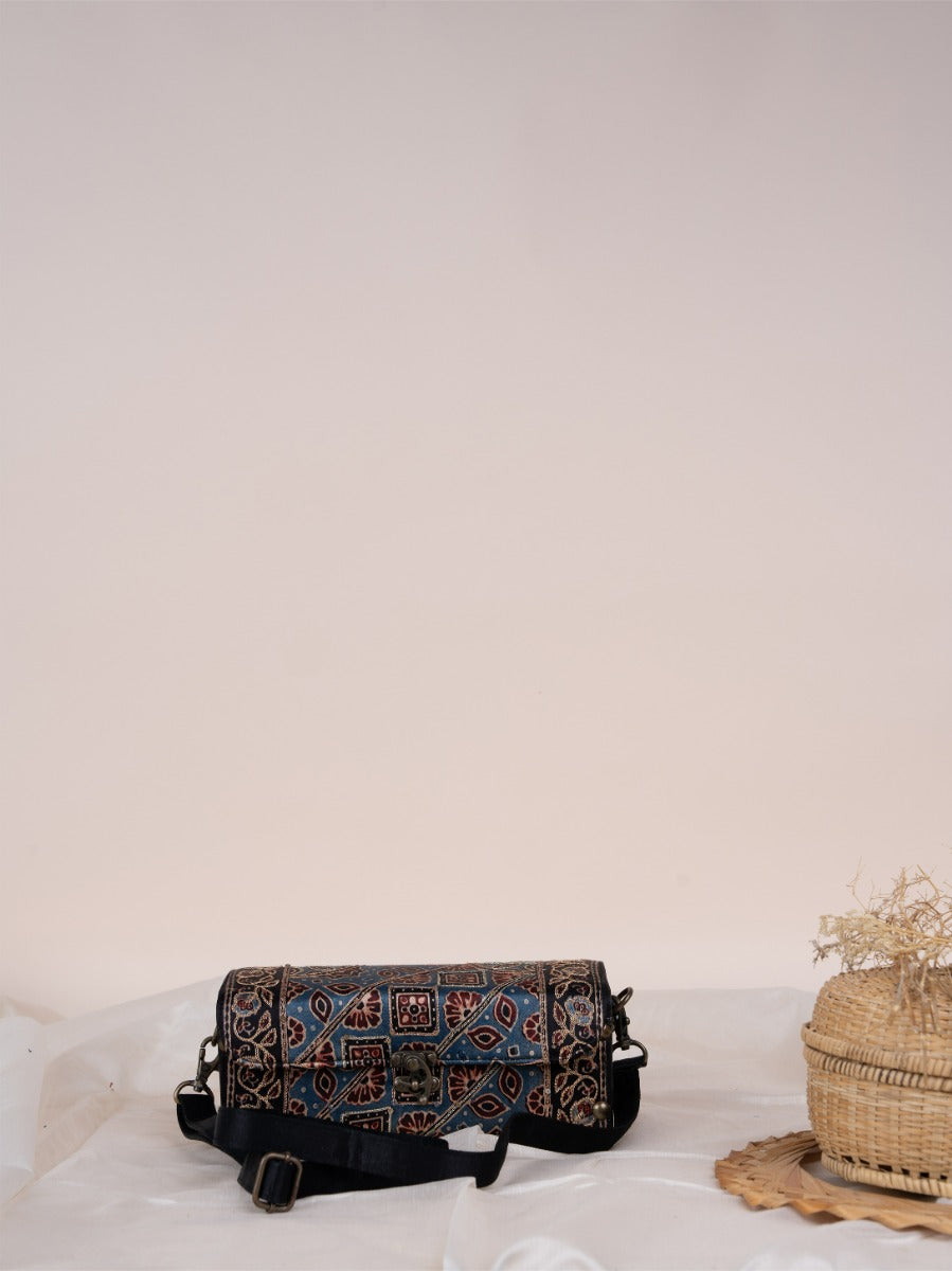 Black Square  Ajrakh  Wooden  Sling Bag