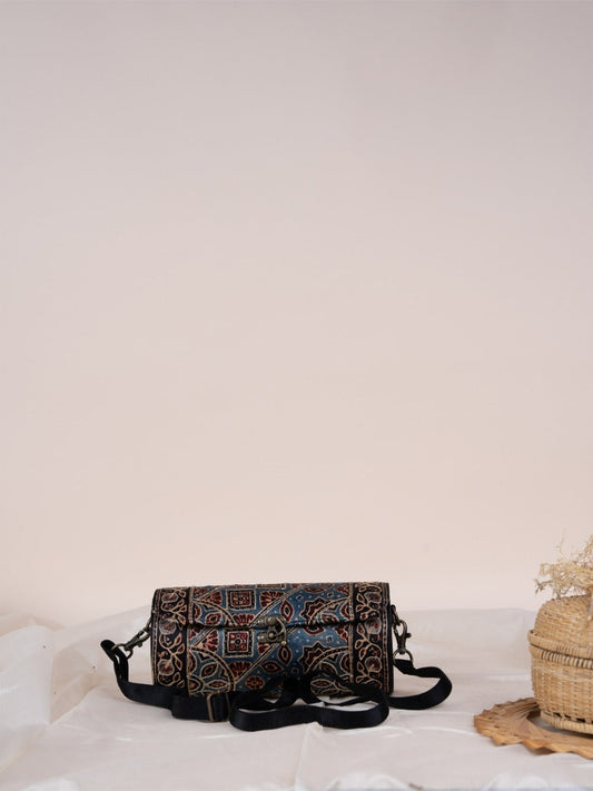 Black  Round  Ajrakh  Wooden  Sling Bag