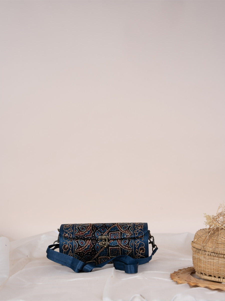 Blue  Round  Ajrakh  Wooden  Sling Bag