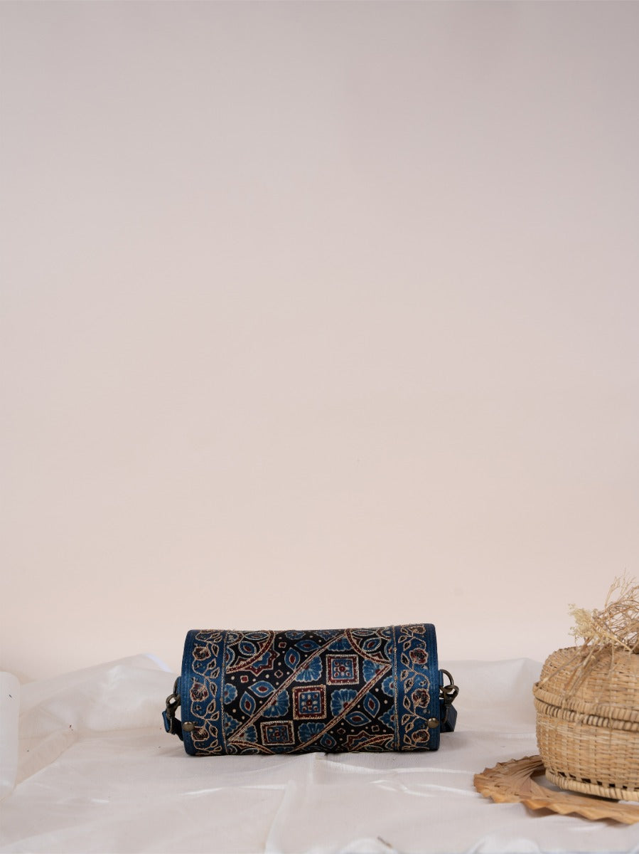 Blue  Round  Ajrakh  Wooden  Sling Bag
