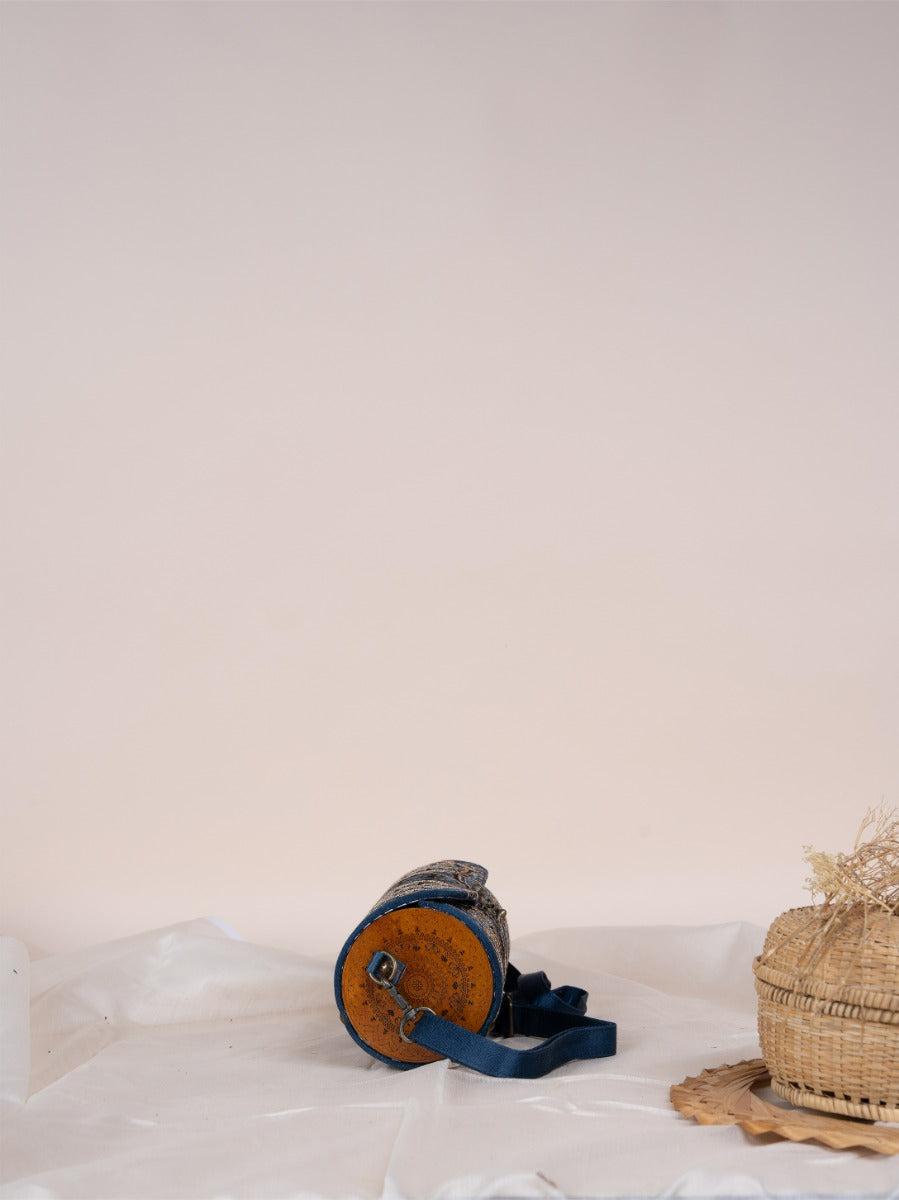 Blue  Round  Ajrakh  Wooden  Sling Bag